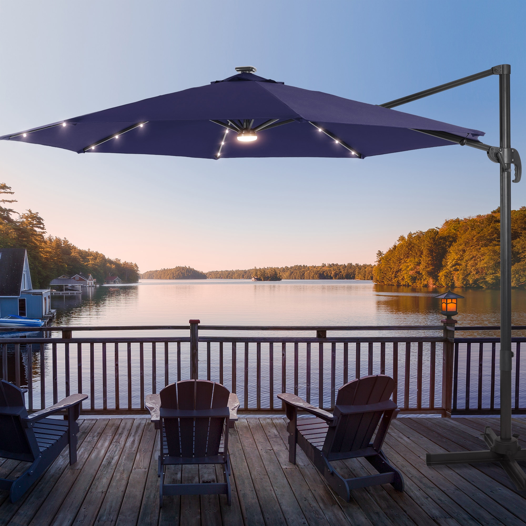 Sonkuki SD-MN12L-LED 10-ft Aluminum Blue No-tilt Cantilever Patio Umbrella with Lights