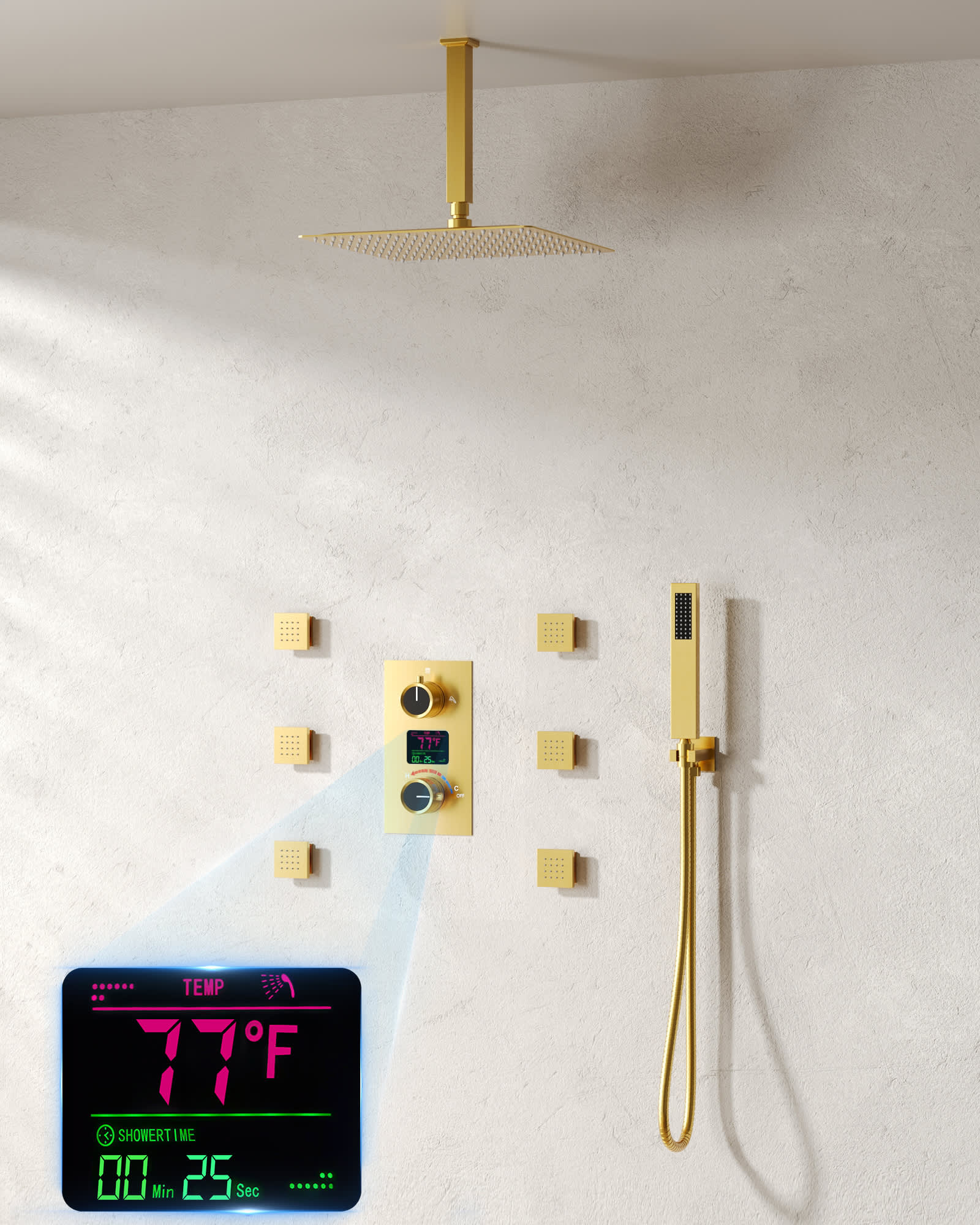EVERSTEIN SFS-1015-GD12 Knobs 3-Spray 12 in. Thermostatic Rain Dual Shower Head Fixed and Handheld Shower Head in Brushed Gold 2.5 GPM