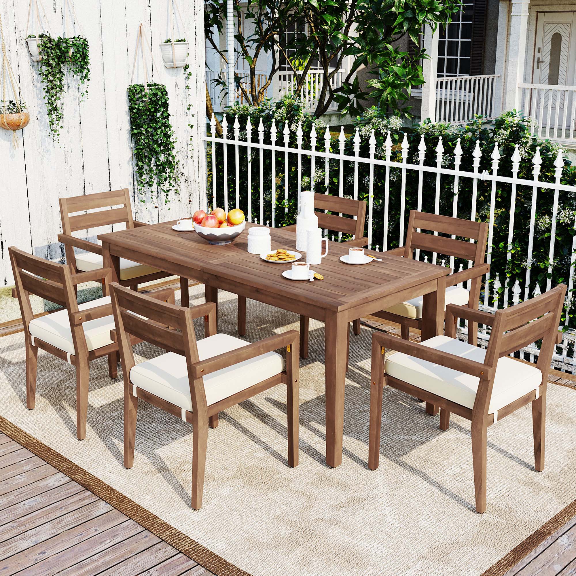 Sunrinx MG51-2-CS 7 -Piece Burly Wood Patio Dining Set Wood Rectangle Table with 6 Beige Cushions Stackable Stationary Chairs