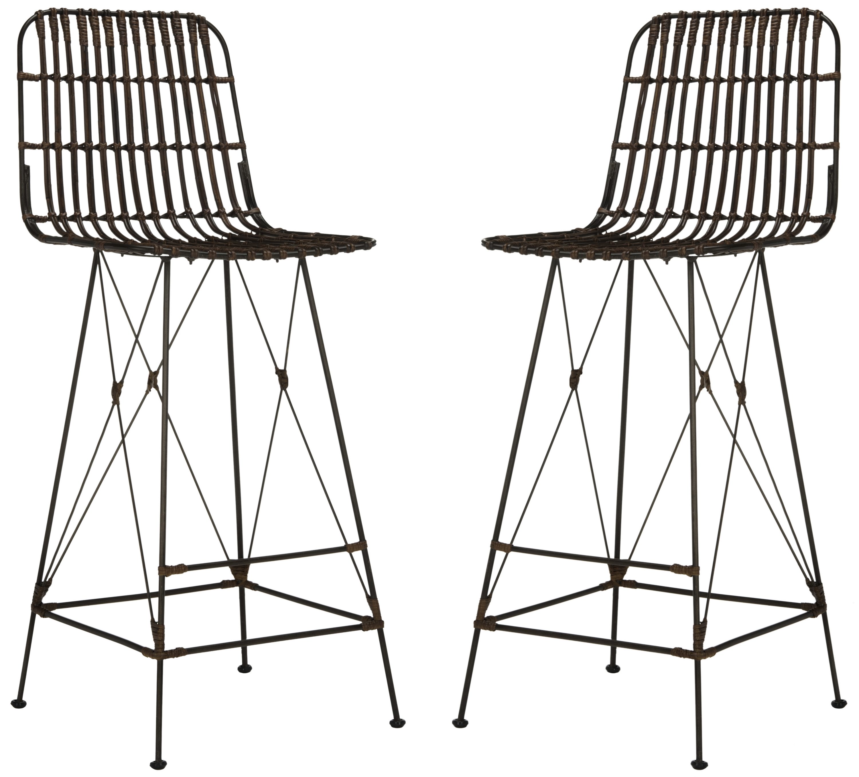 Safavieh WIK6508A-SET2 Minerva Chocolate 29.5-in H Bar height Square seat Rattan Bar Stool and Back
