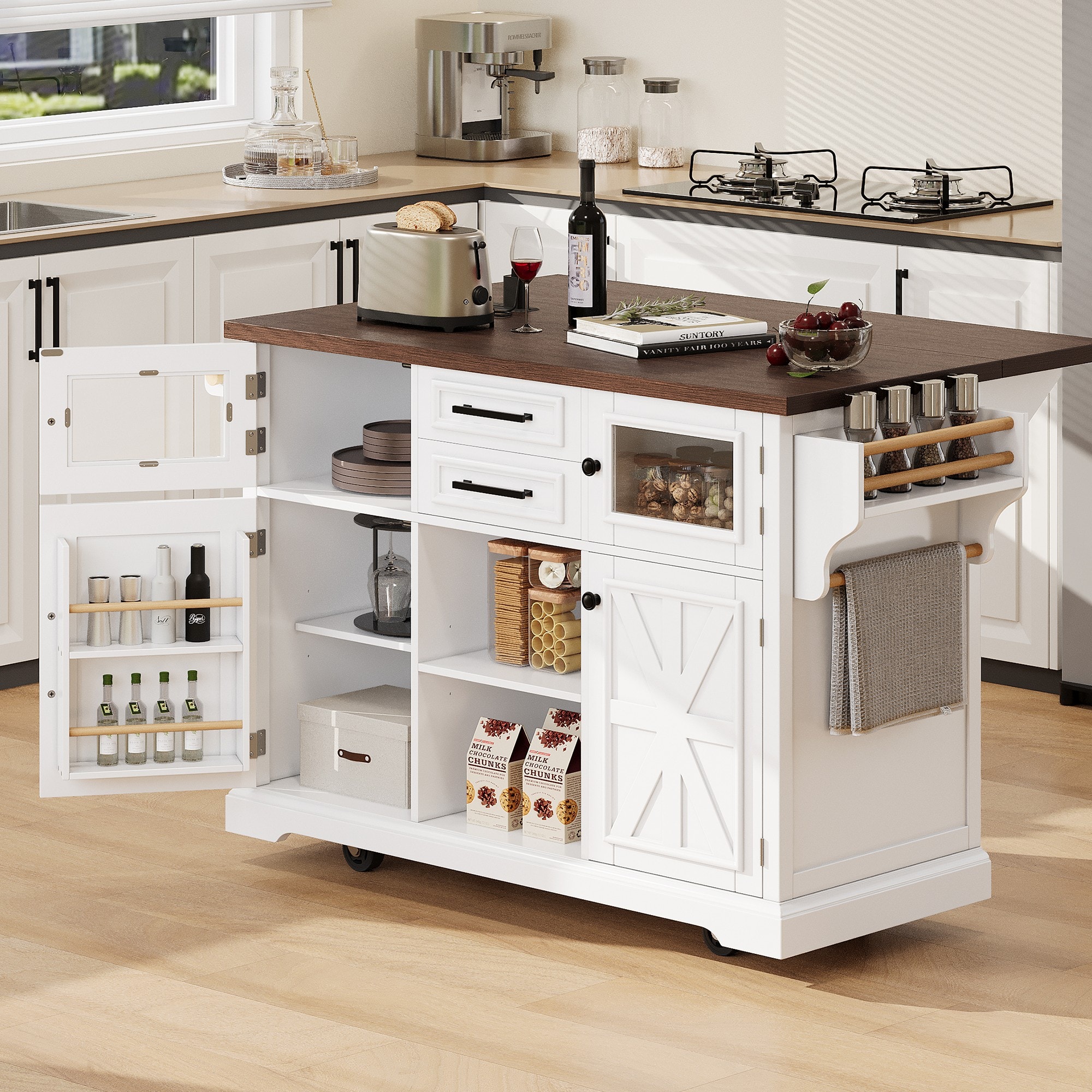 LOVMOR SF-Y-N707P300277W K K 54.9in  Kitchen Island with Drop Leaf Power Outlet Kitchen Storage Cart with 4 Door Shelves Cross Barn Doors   Visual Glass Door Rolling Kitchen Island on 4 Wheels for Kitchen Dining RoomWhite