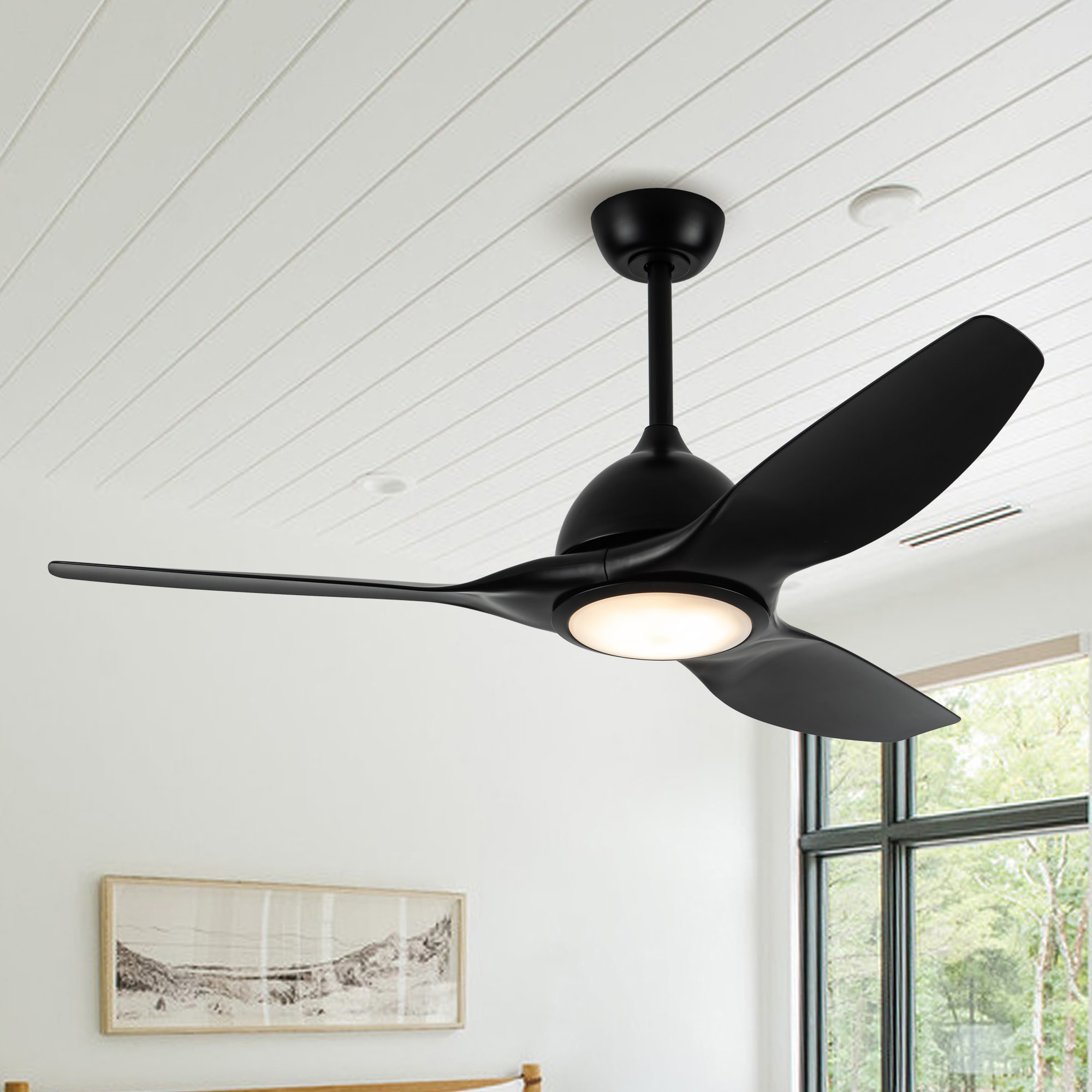VACZON VZA01A112BK 52-in Integrated LED Matte Black with Black Blades Propeller Ceiling Fan With Light and Remote ( 3 -Blade )