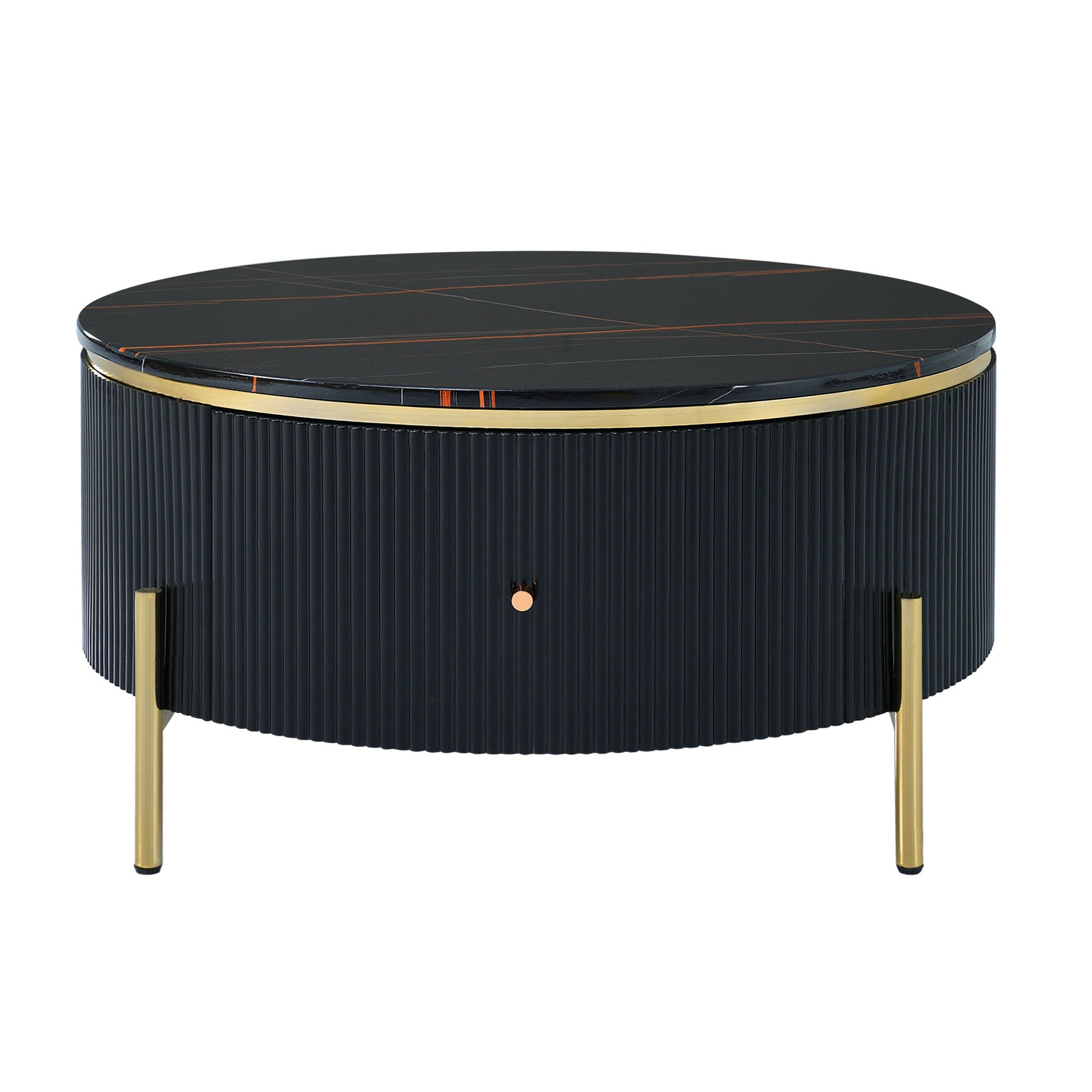 Boyel Living BL-CG06AAB Black Modern Round Coffee Table with 2 large Drawers Storage Accent and Golden Leg