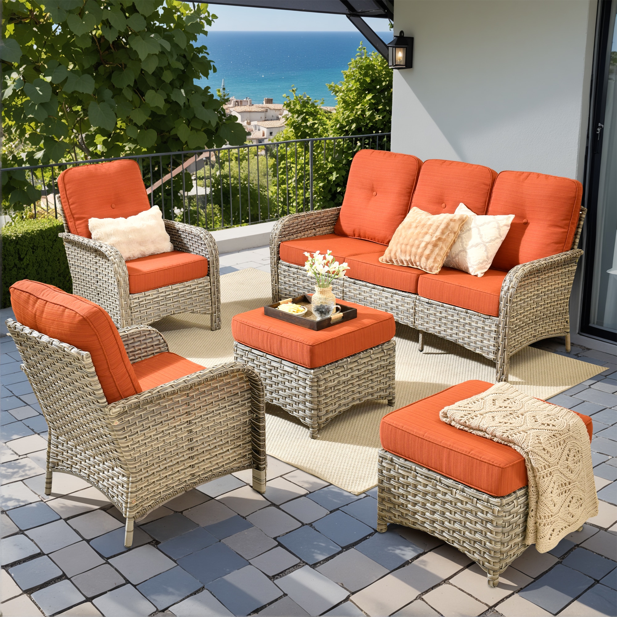 XIZZI XIVNC8052 Scorpio 5 -Piece Rattan Patio Sofa Conversation Set with Orange Cushions