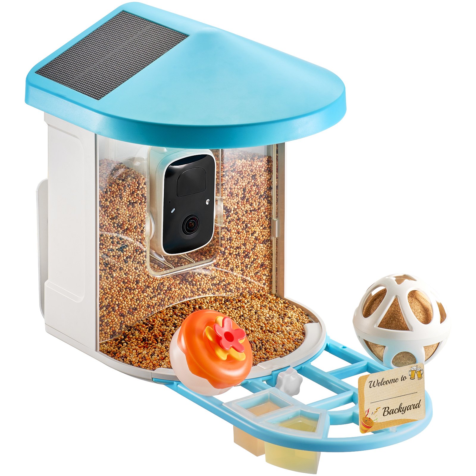 Slickblue Plastic Pole Mount Squirrel Blue Resistant Smart Bird Feeder 2 L Seed Capacity with 2K Camera and Three Solar Panels
