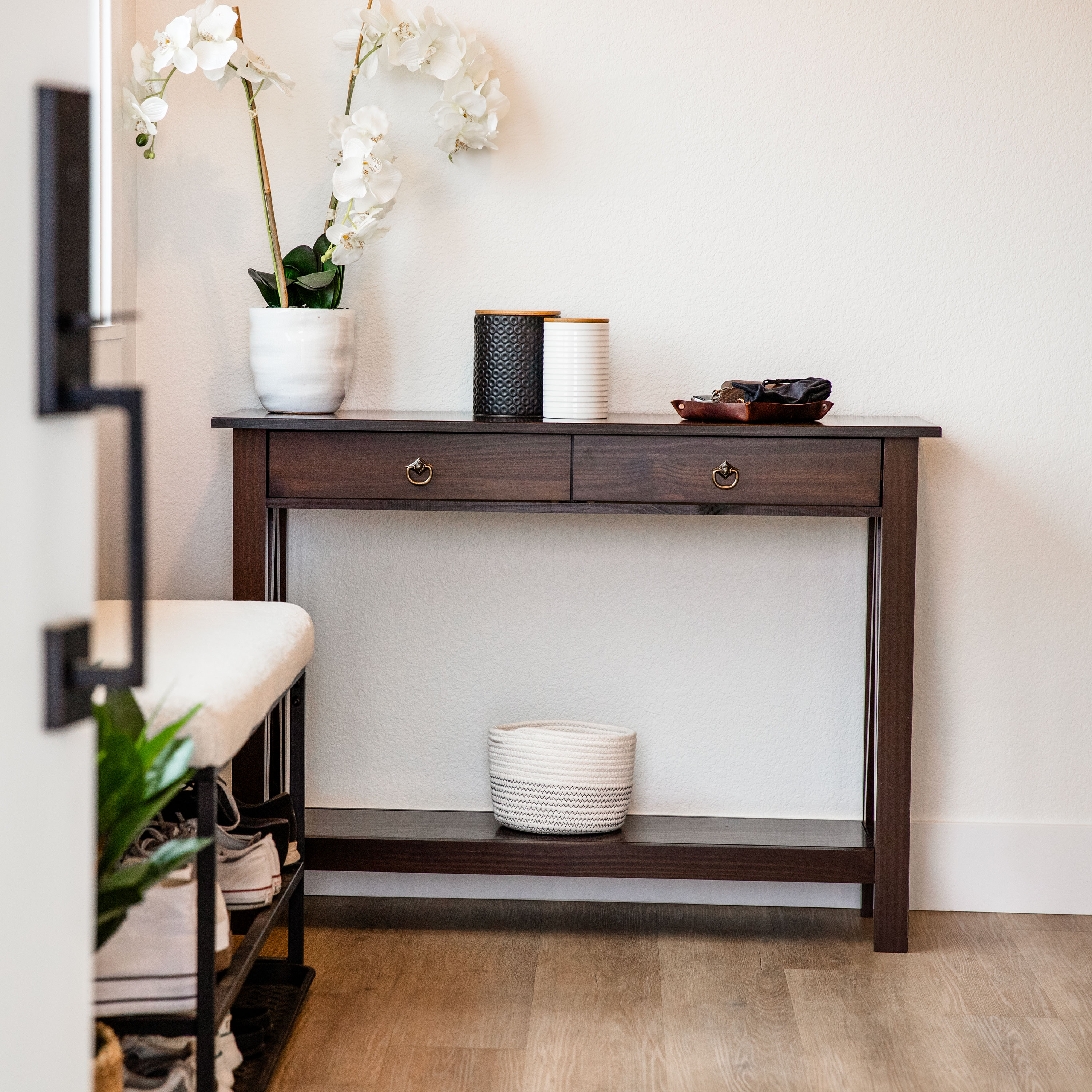 Sunnydaze Dark Brown Pine Wood Console Table with Drawers and Shelf