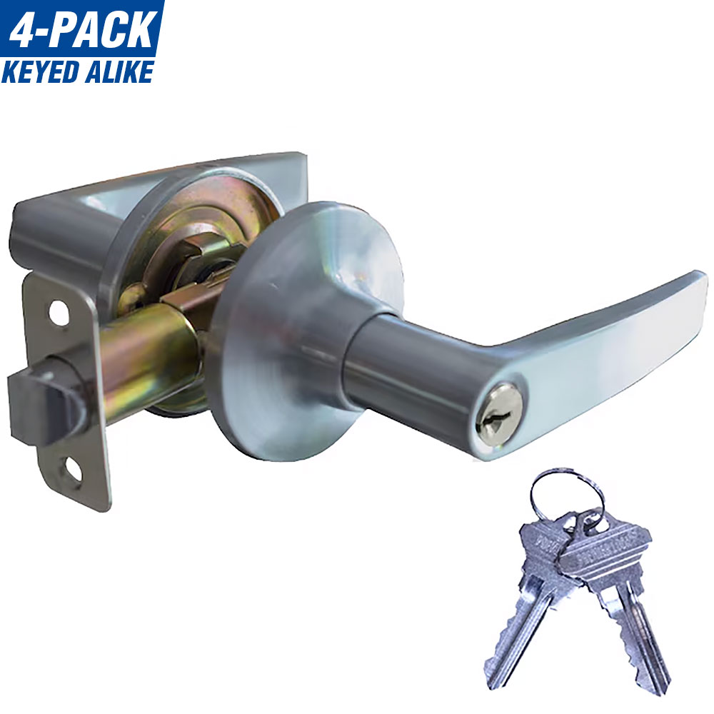 Premier Lock LEV02X-4 Satin Nickel Universal Interior Keyed entry Door Handle Multi-pack 4 -Pack