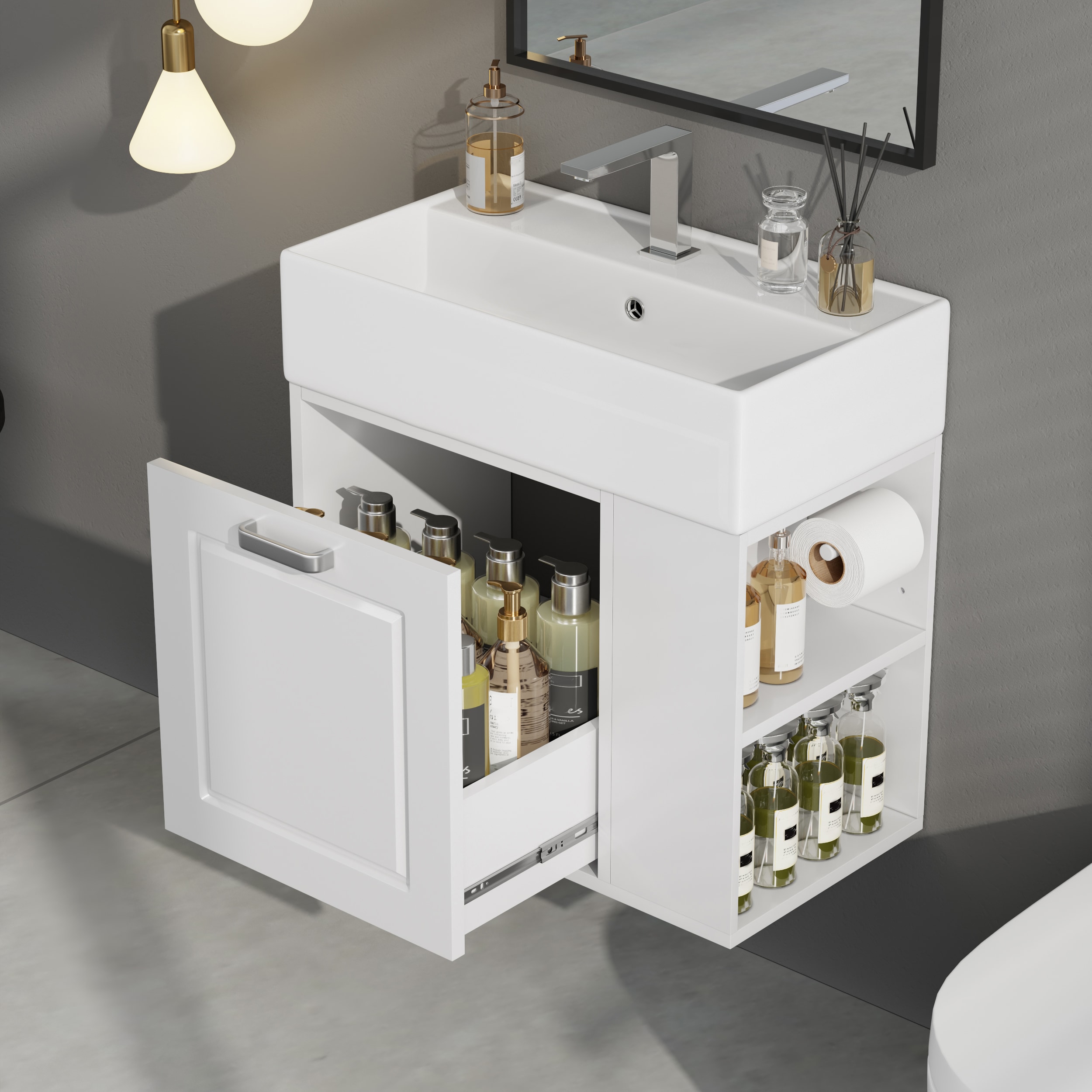Vynxaria - 21.8-in White Single-Sink Wall-Mount Bathroom Vanity with 1 Drawer and Ceramic Sink