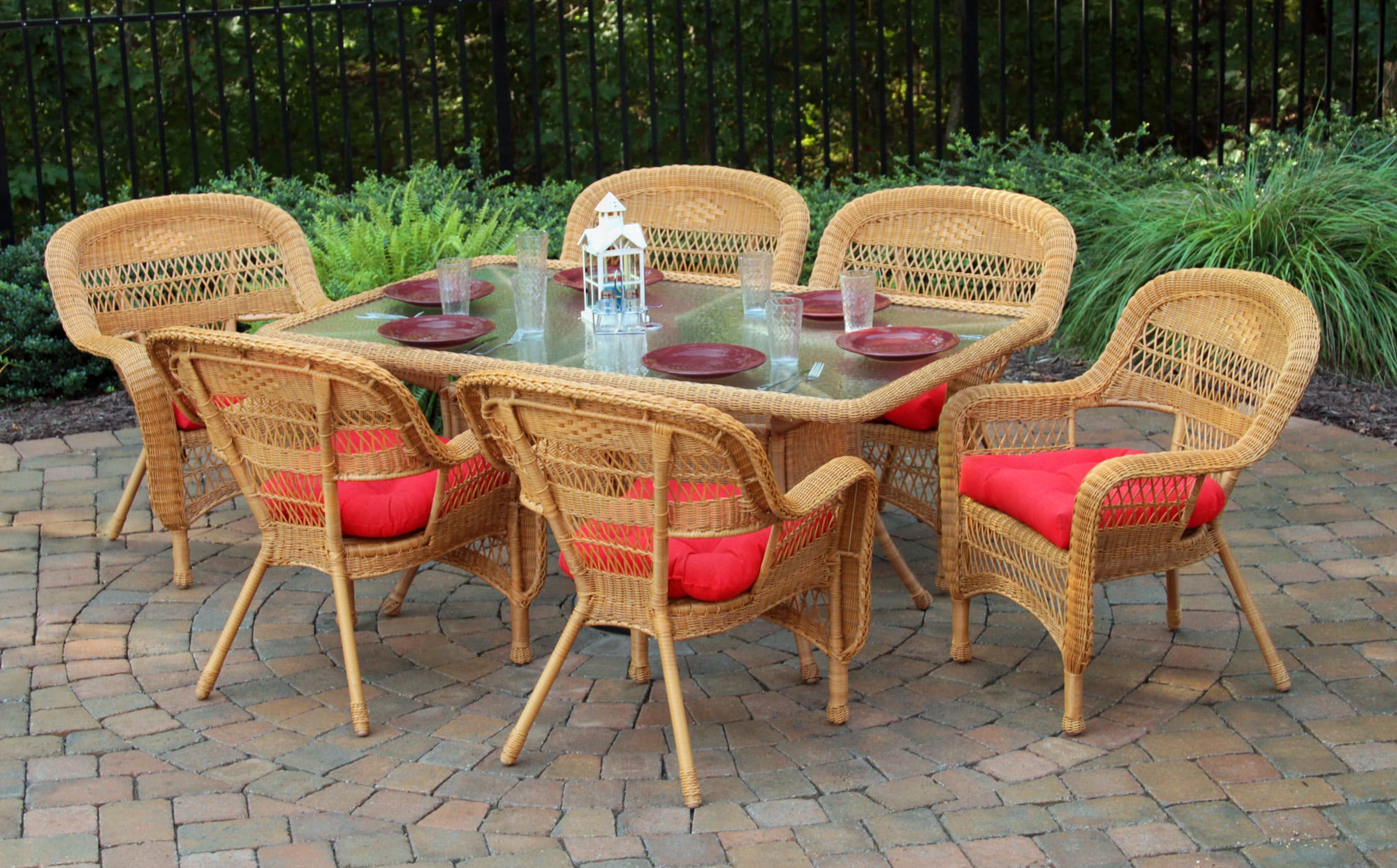 Tortuga Outdoor 43-4001-AM/MP Portside 7 -Piece Southwest Amber Wicker Patio Dining Set Resin Rectangle Table with 6 Red Cushions Stationary Chairs