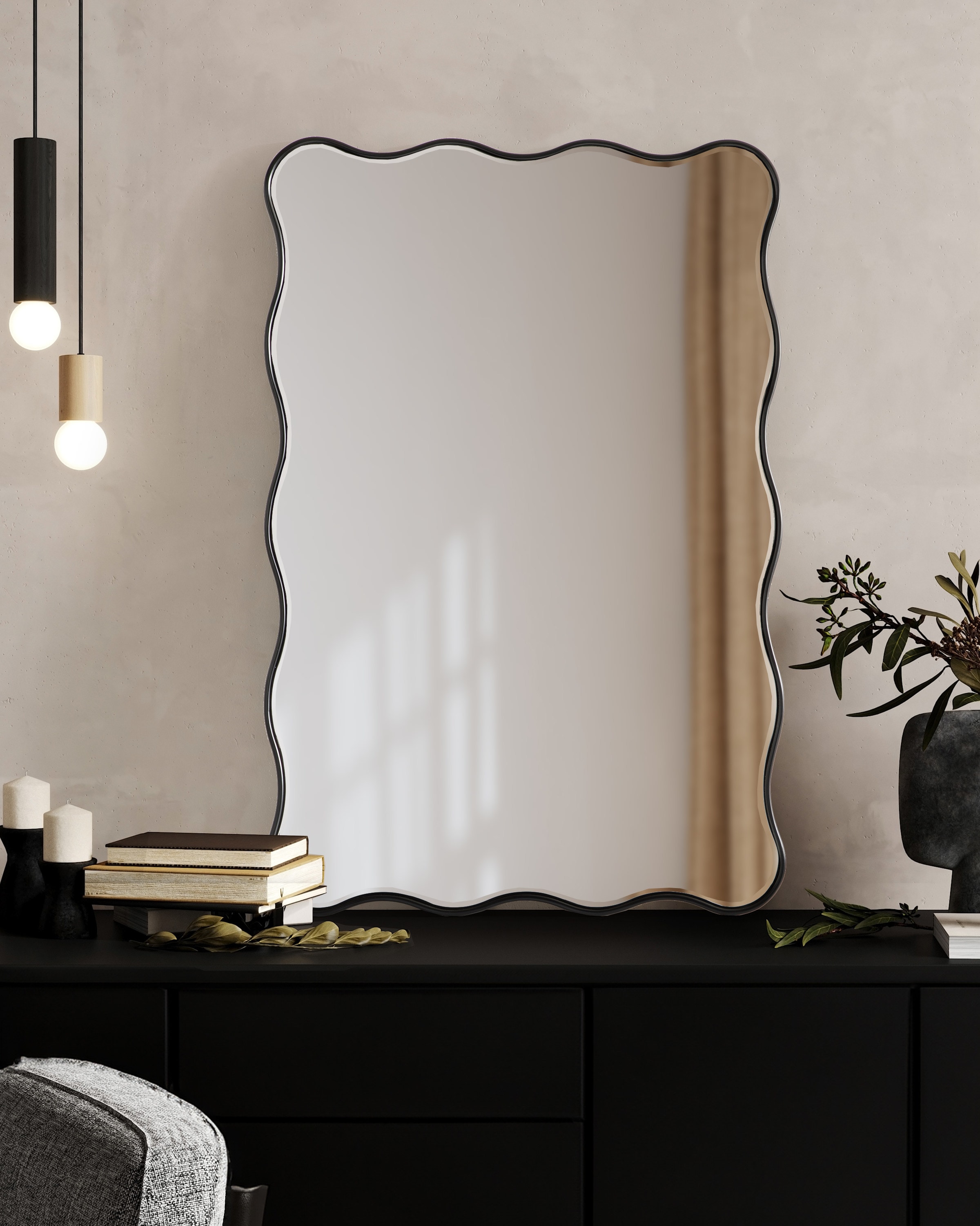 Viona 24"x36" Black Rippled Edge Rectangular Vanity Mirror