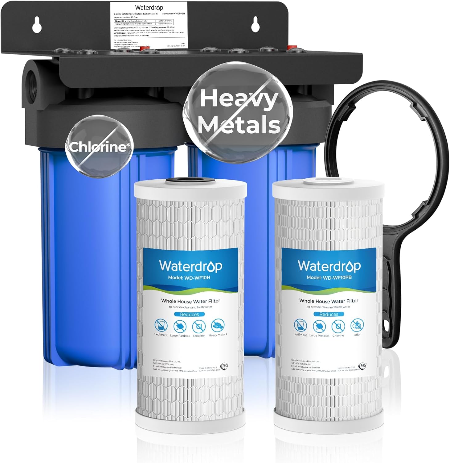Waterdrop WHF21-PBH Sediment and Carbon Filter Whole House Water Filtration System Dual-Stage 15-GPM 0.01 Micron