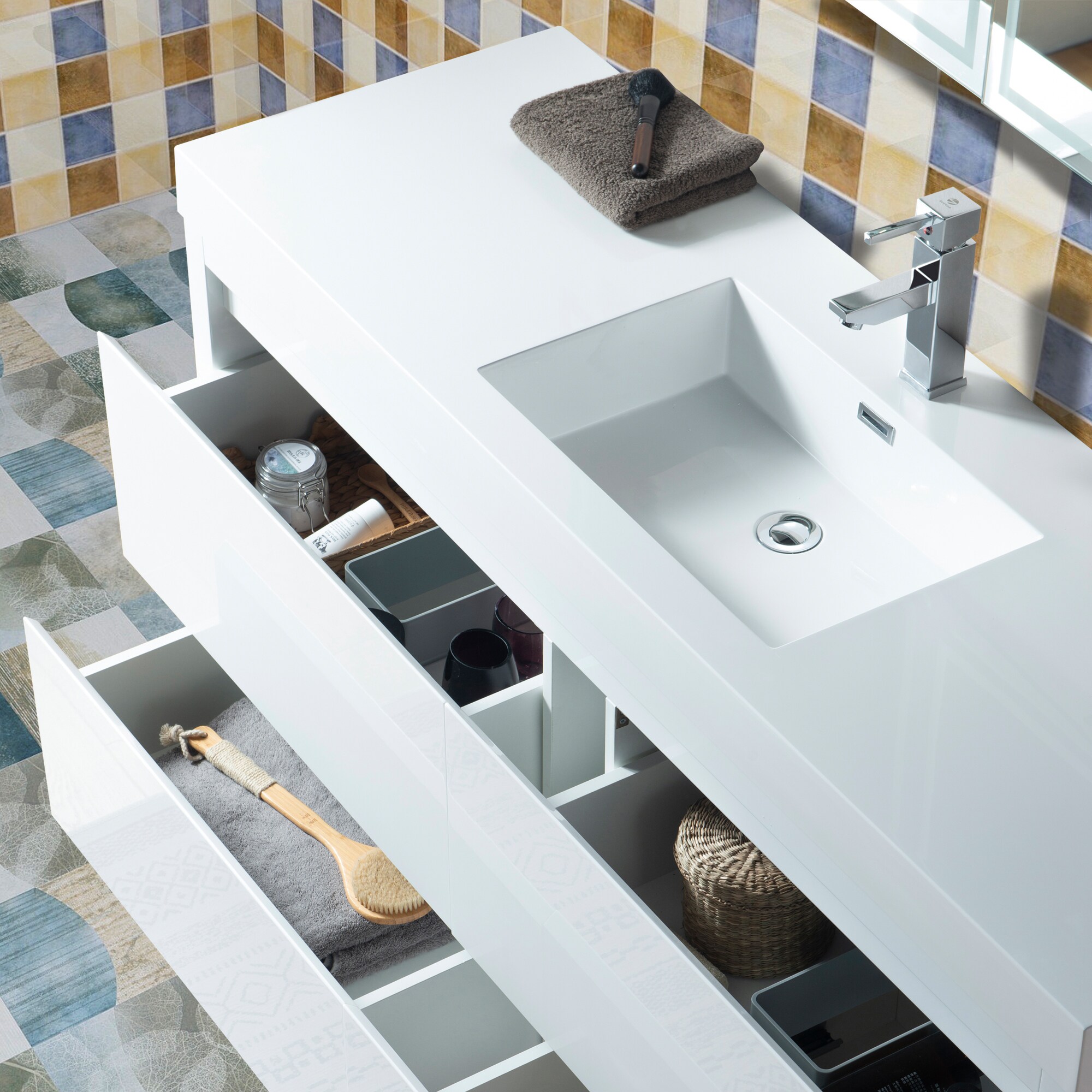 Glossy White 60-Inch Single Sink Bathroom Vanity with Resin Top