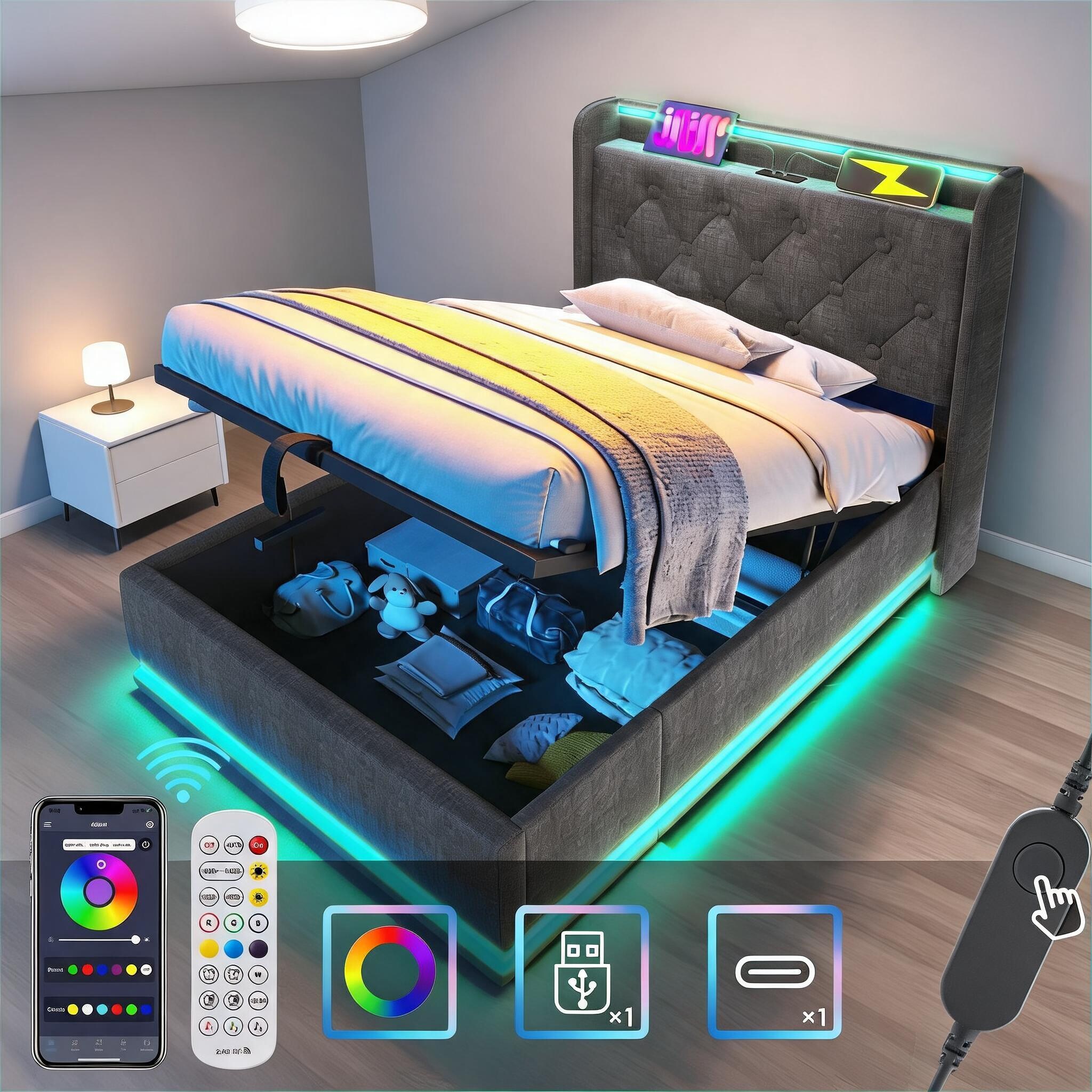 Naturefalls - Twin Upholstered Bed Frame with 360 LED Lighting Hydraulic Storage and USB-C Chargi...