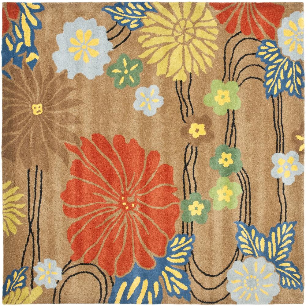 Brown and Multicolor Floral Tufted Wool Square Area Rug