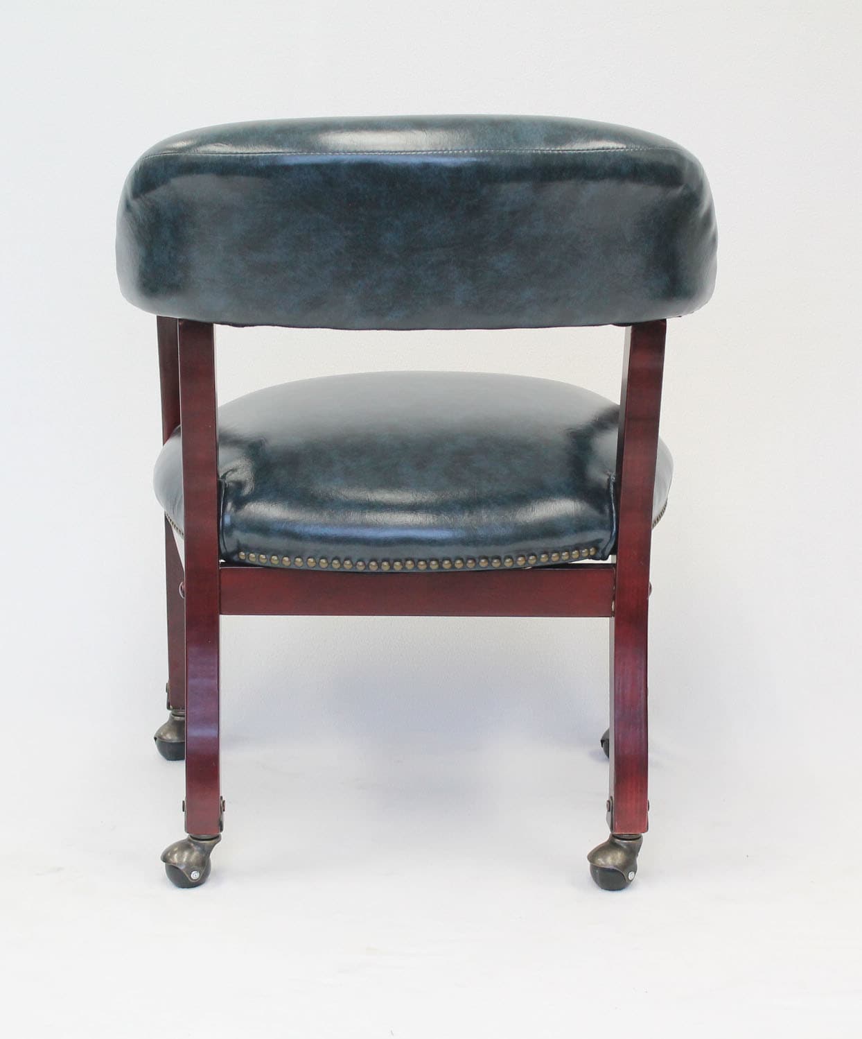 Mahogany Wood Base Blue Vinyl Swivel Reception Chair with Casters
