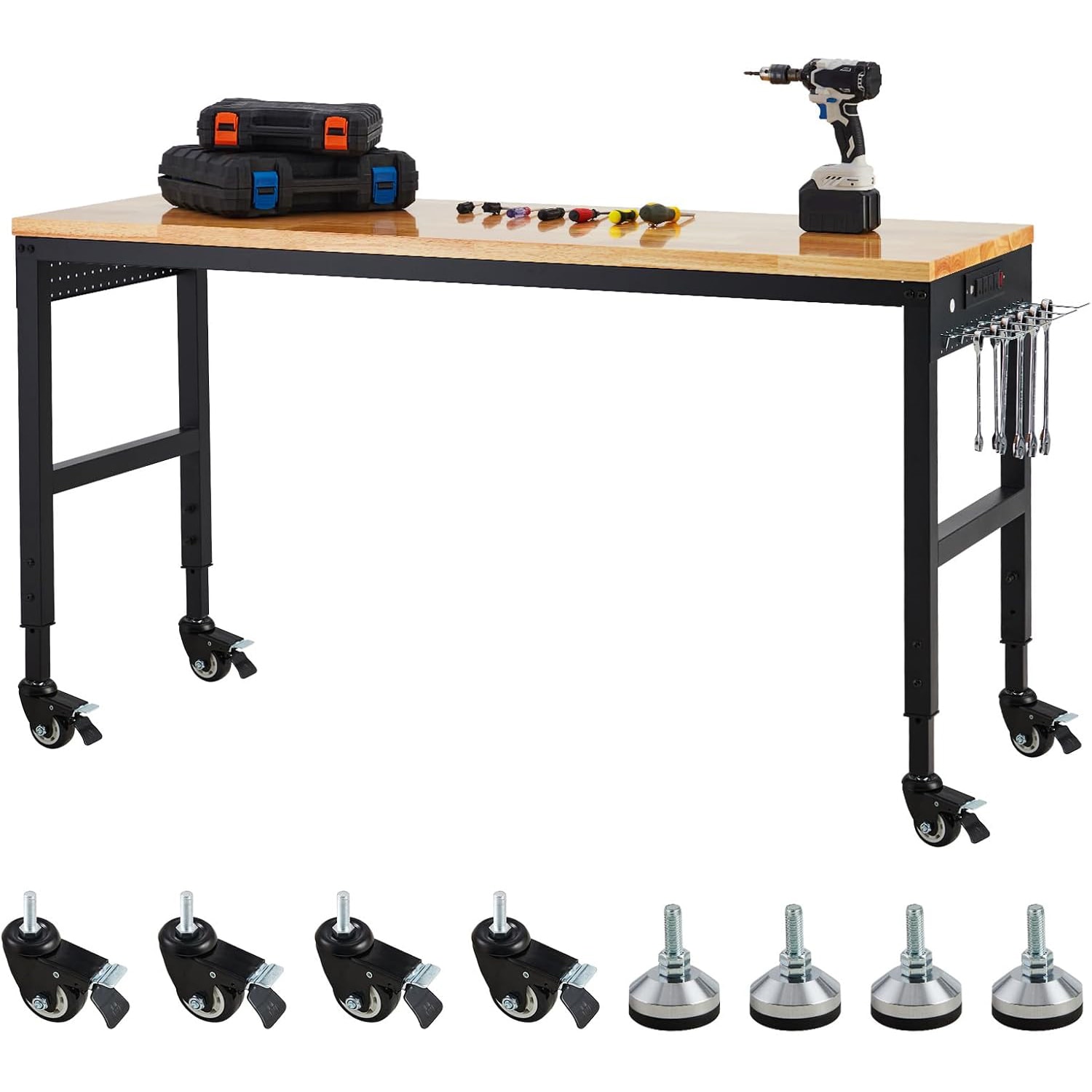 Idealhouse Adjustable Workbench 75 x 25 inches 2000 Lbs Load Capacity 29.5 inches to 38.4 inches Heights Garage Worktable with Universal Wheels and Power Outlet Heavy Duty Table for Workshop Office Home Commercial