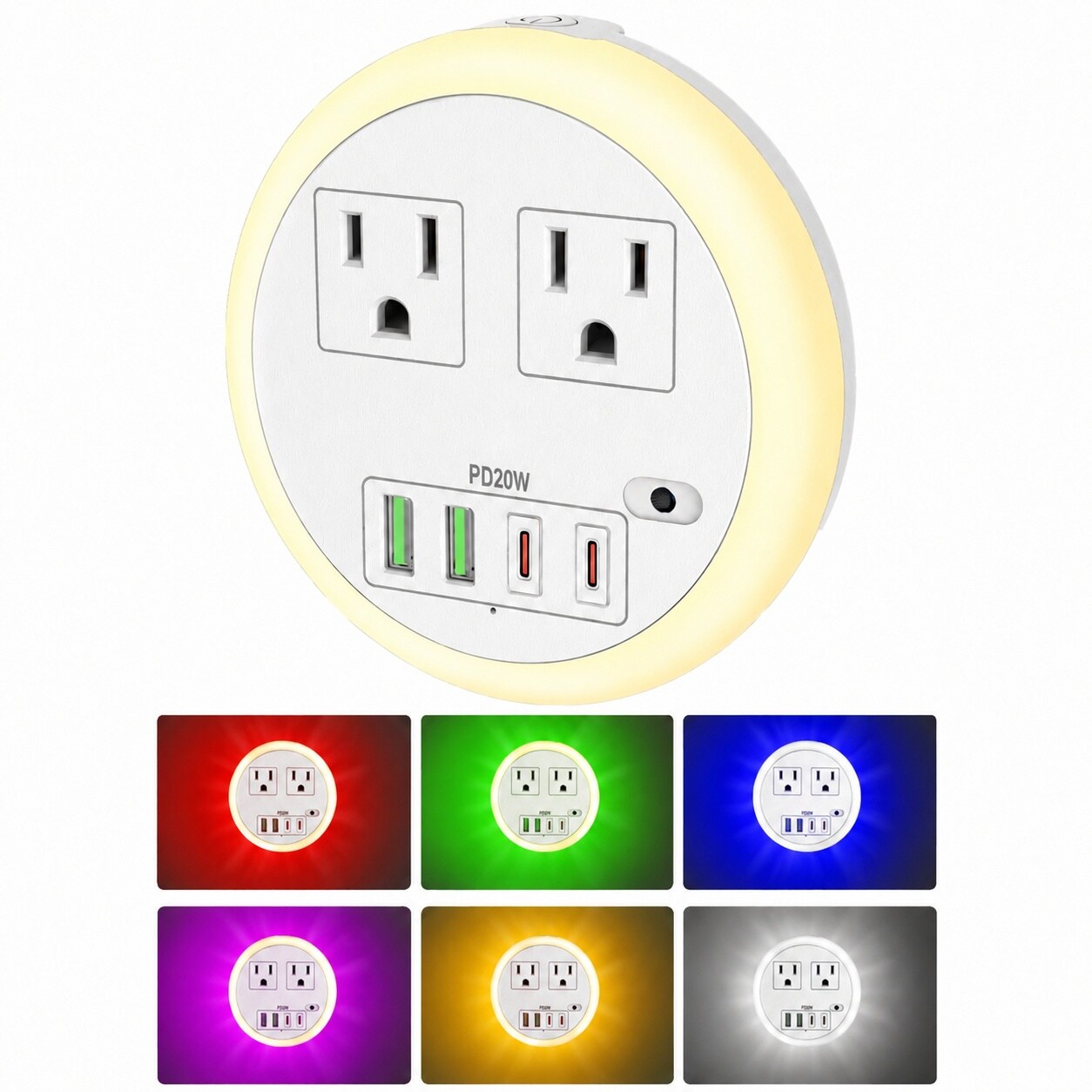 Afoxsos  LED Night Light Plug into Wall with 4 USB Ports and 2 Outlets Smart Dusk to Dawn Sensor 6 Color Adjustable Night Light for Bedroom
