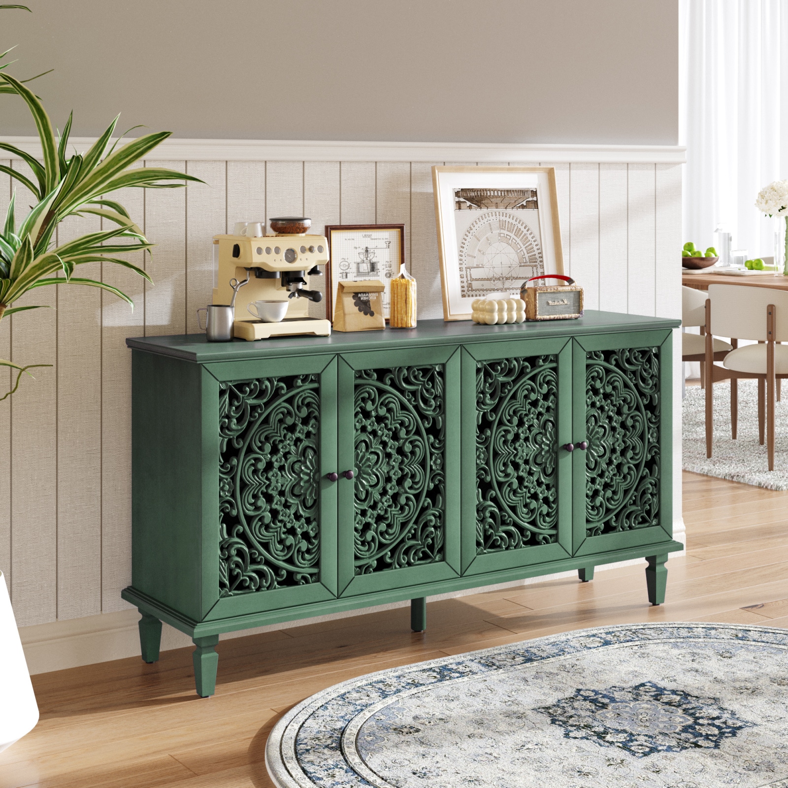 CHITA Farmhouse Solid Wood Sideboard Buffet Cabinet with 4 Doors Adjustable Shelves for Living Room Dining Room Entryway and Display Storage Antique Green