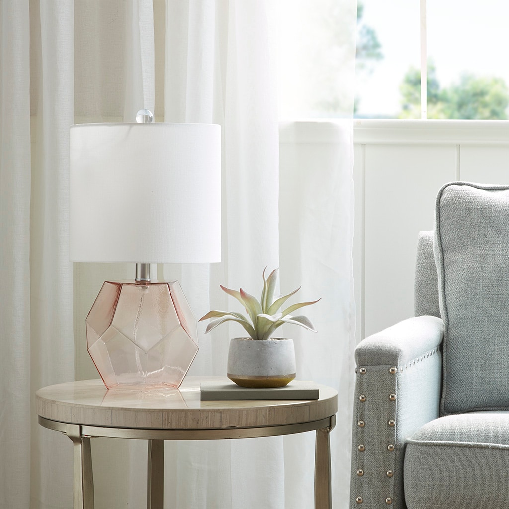Pink Geometric Glass Table Lamp with White Drum Shade