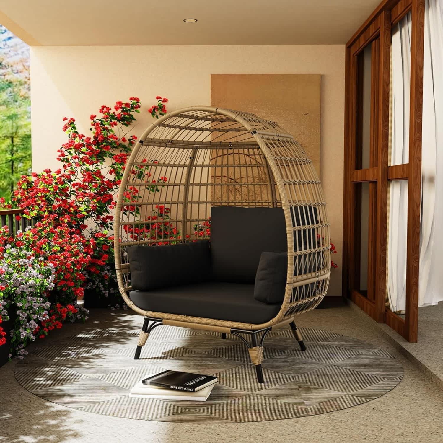 Qeetex LSHQQPHO-347PKH7M Single Standing Egg Chair Outdoor Patio Egg Chair with Cushions Metal Frame Stand Suitable for Balcony Terrace Living Room Black