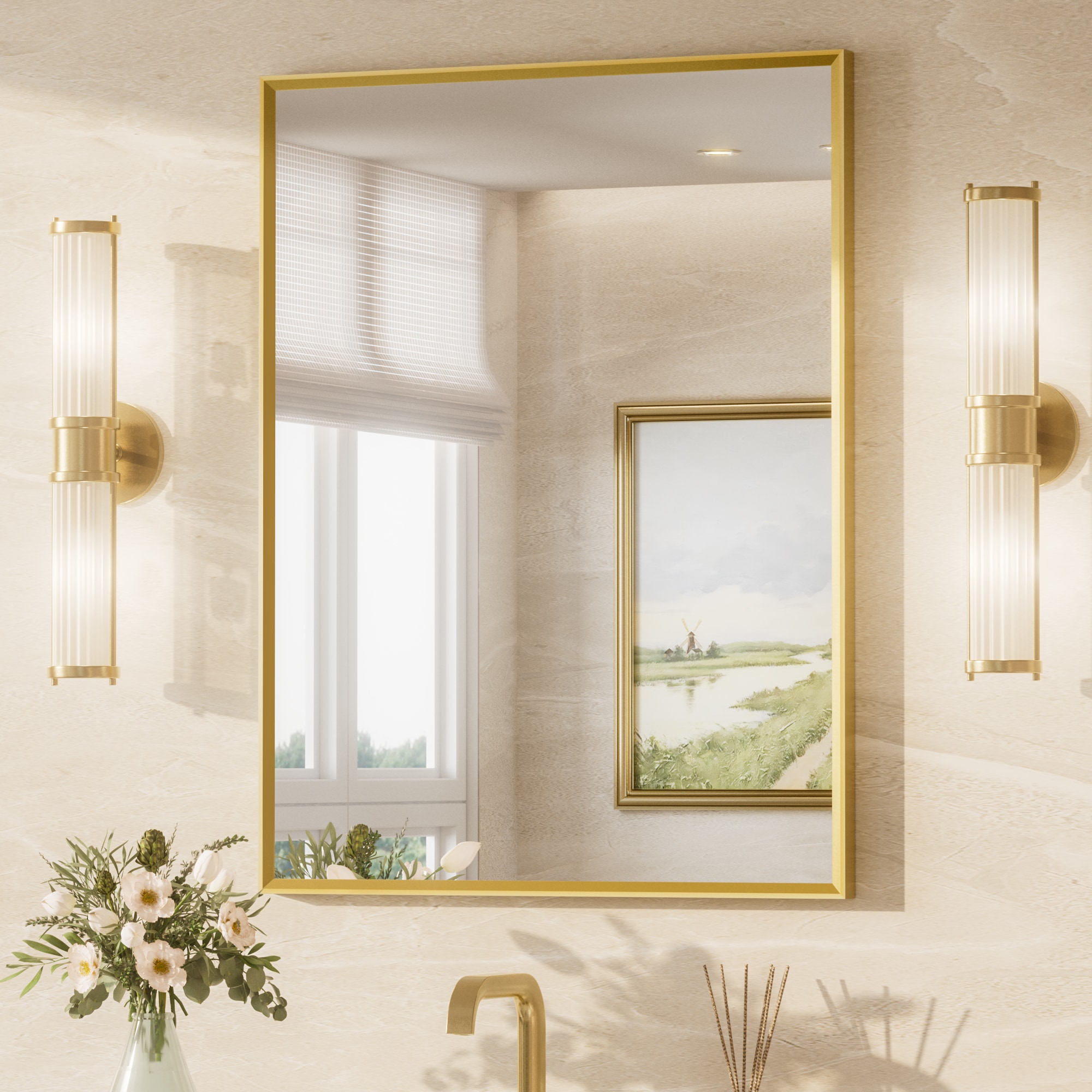 Keonjinn LW-25F-6181SG Bathroom Mirrors 24-in W x 32-in H Rectangle Brushed Gold Framed Wall Mirror