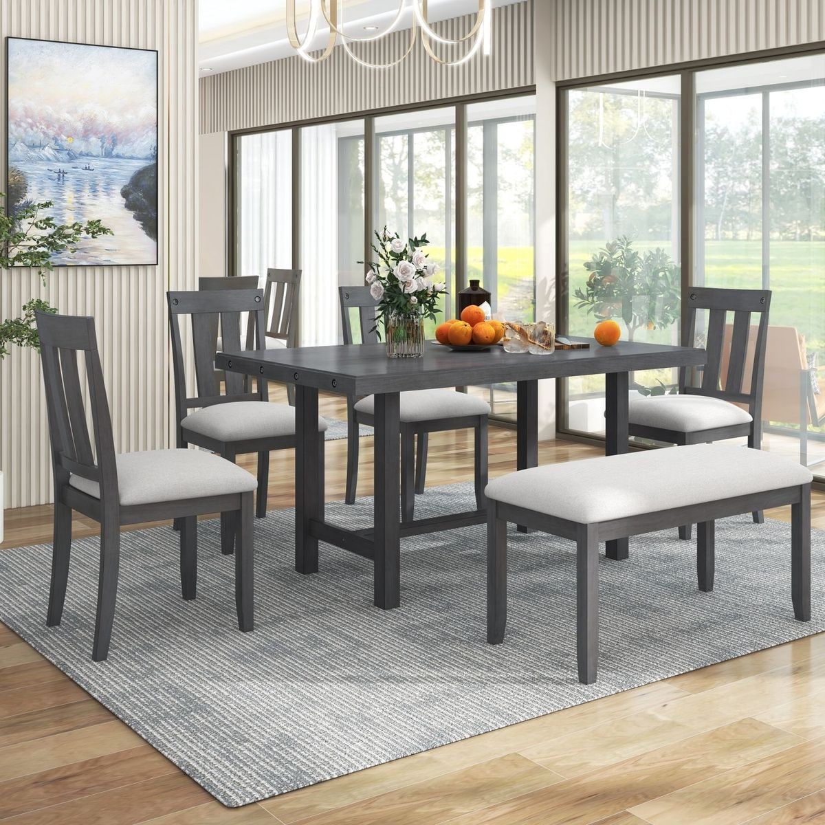 JASMODER ST000073AAE Rustic Farmhouse 6-Piece Wooden Rustic Style Dining Set, Including Table, 4 Chairs and Bench (Gray)