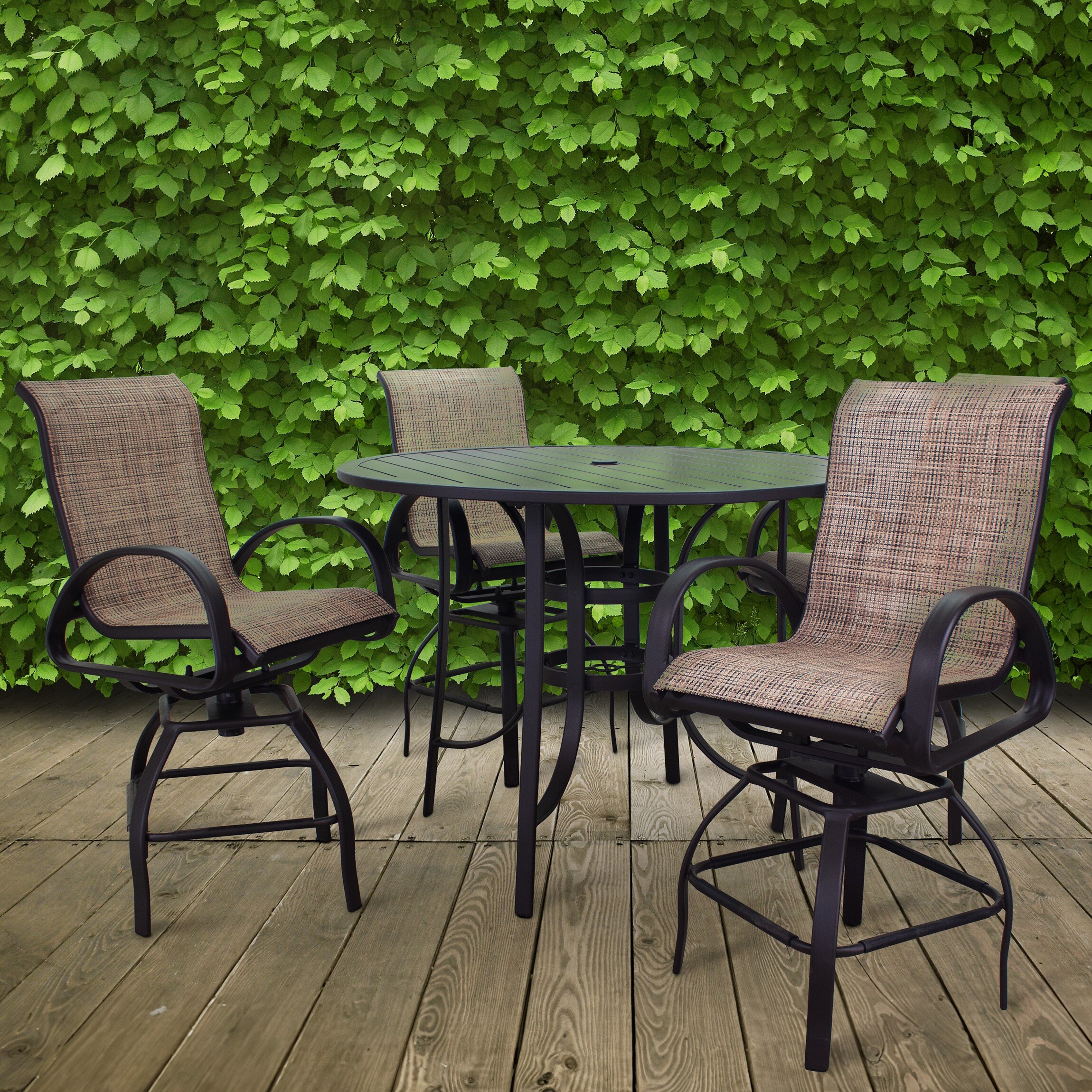 Courtyard Casual 5734 Santa Fe - Java 5 -Piece Java Brown Wicker Patio Dining Set Aluminum Round Table with 4 Swivel Chairs
