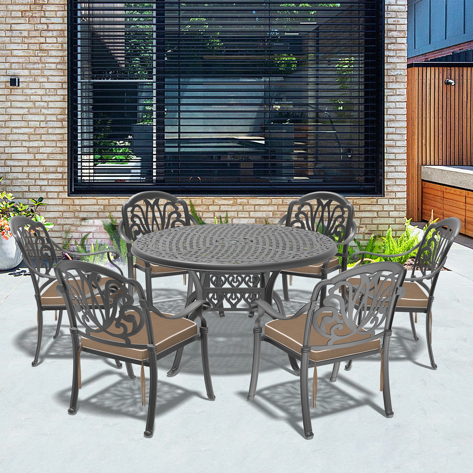 nicesure SLBK6002CZ6A1123RC 7 -Piece Black Patio Dining Set Aluminum Round Table with 6 Cushions Stackable Stationary Chairs