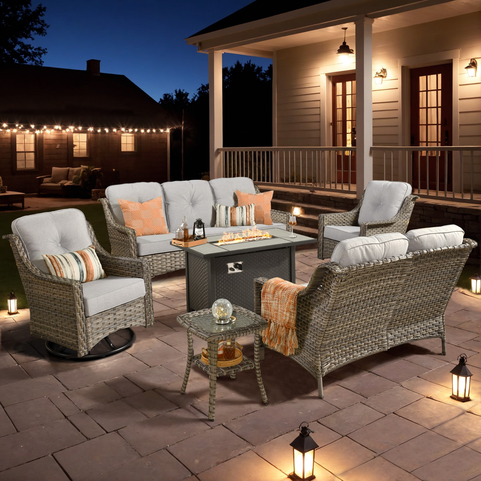 Ovios RFP03PD4-5Y 6 -Piece Rattan Patio Sofa Conversation Set with Light Gray Cushions
