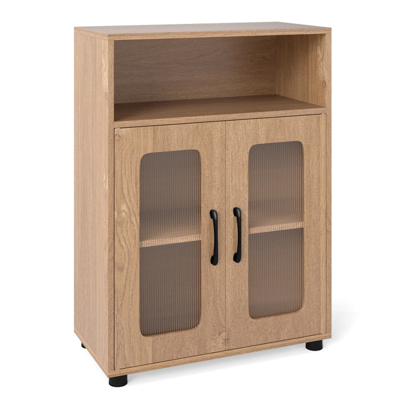SUGIFT Freestanding Bathroom Storage Cabinet 32.7-in Tall with 2 Doors 3-Level Adjustable Shelf and Open Compartment in Natural Engineered Wood Bathroom Cabinet with Shelves Magnetic Catch Elevated Legs and Anti-Toppling Kit for Bath Laundry and Dorm