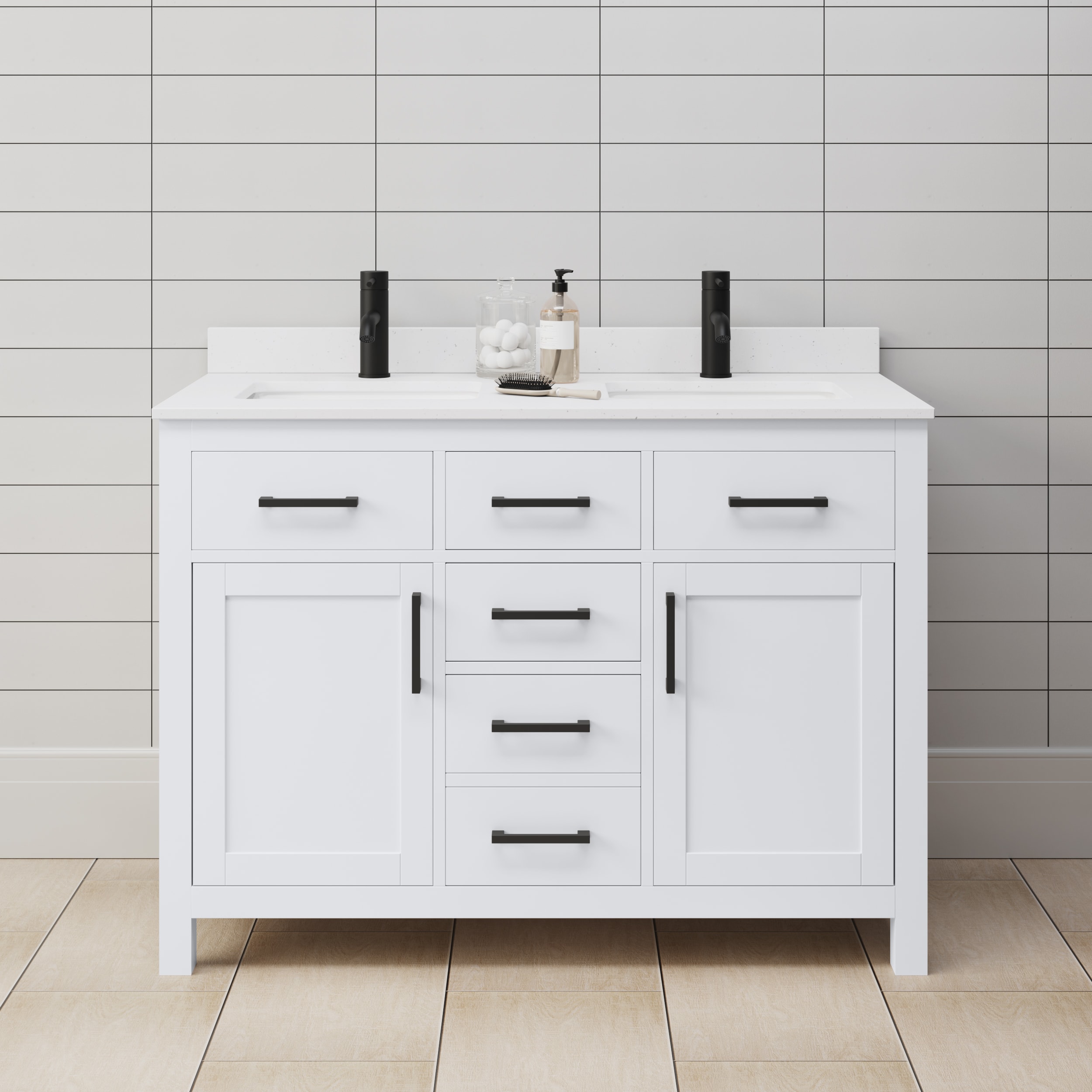 Wyndham Collection WCG242448DWBWCUNSMXX Beckett 48-in White with Matte Black Trim Undermount Double sink Bathroom Vanity with White Cultured Marble Cultured marble Top