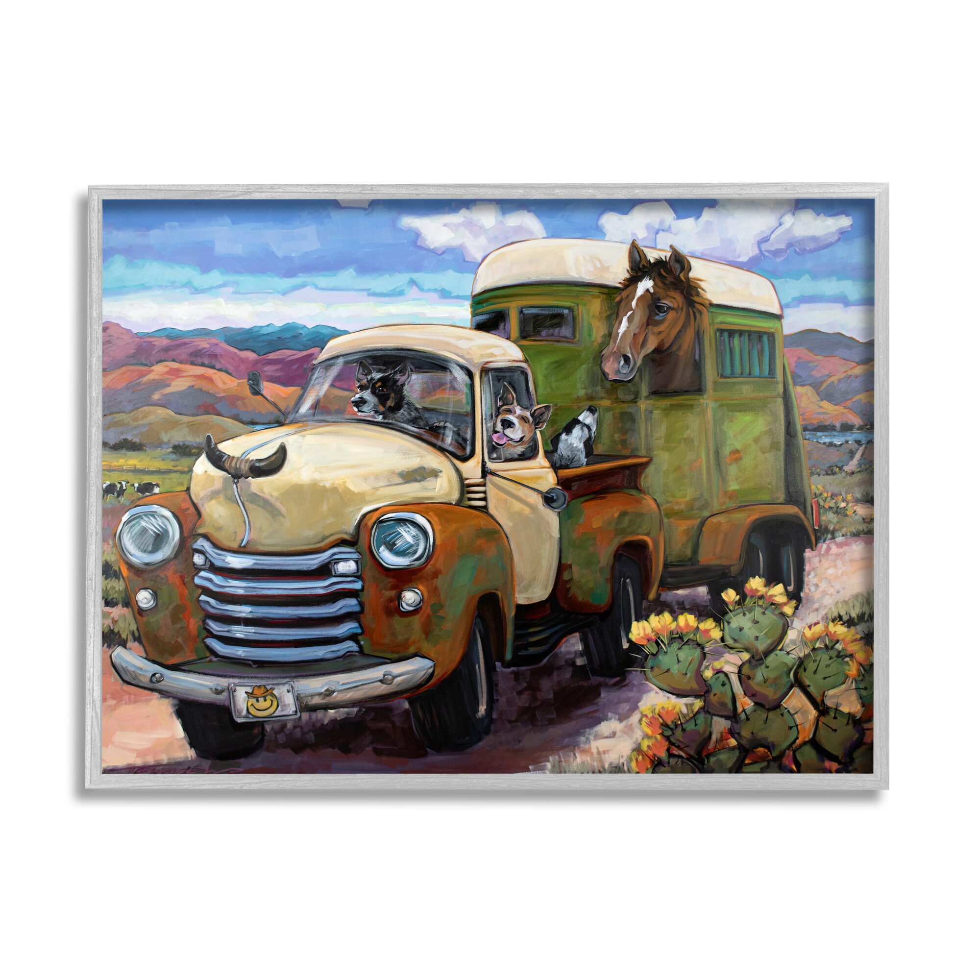 Stupell Industries Dogs Driving Vintage Rustic Truck with Horse Trolley Gray Framed Giclee, 16 x 20