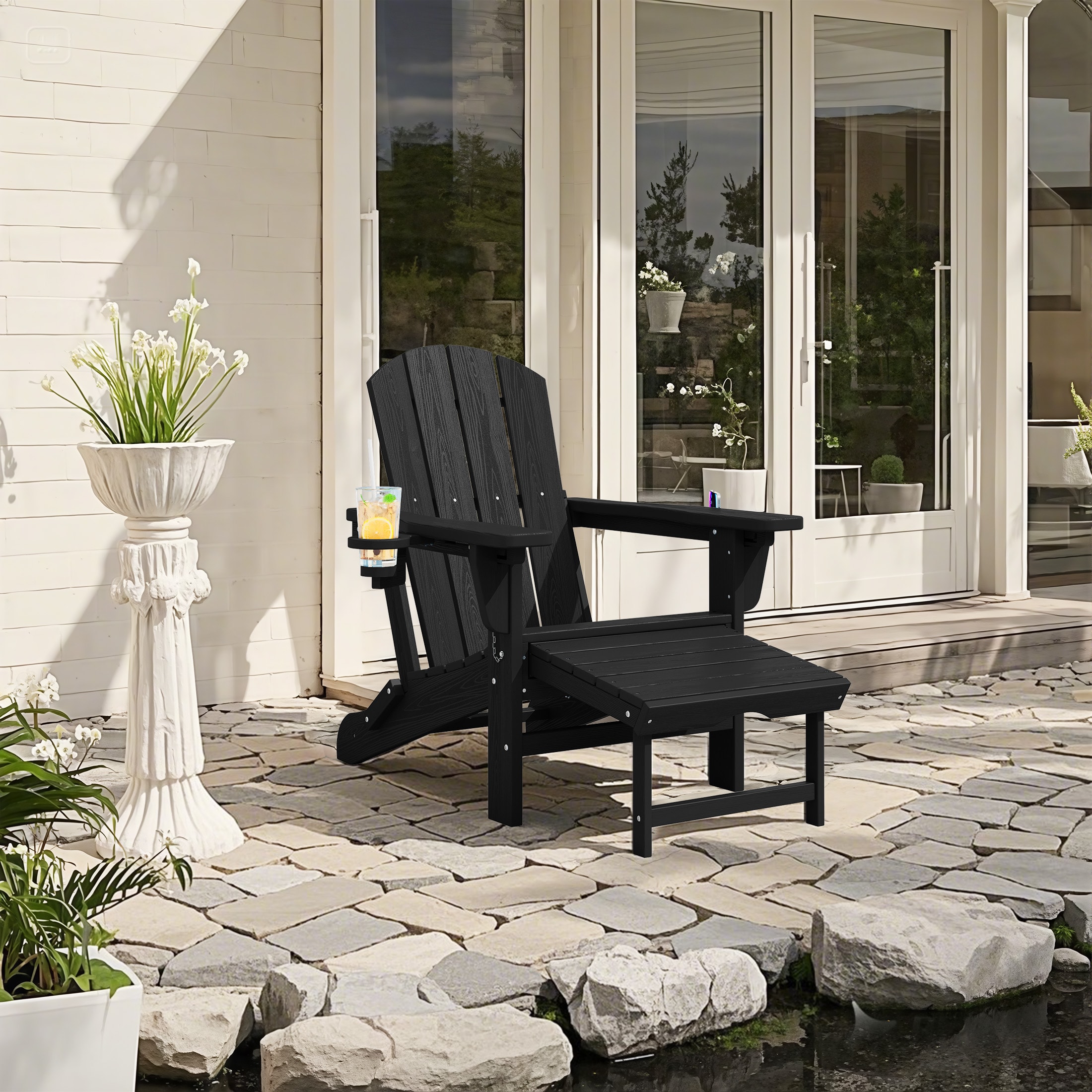JEAREY SBTCLGJ-BK Foldable Adirondack Chair with Retractable ottoman Black HDPE Frame Stationary Adirondack Chair with Slat Seat
