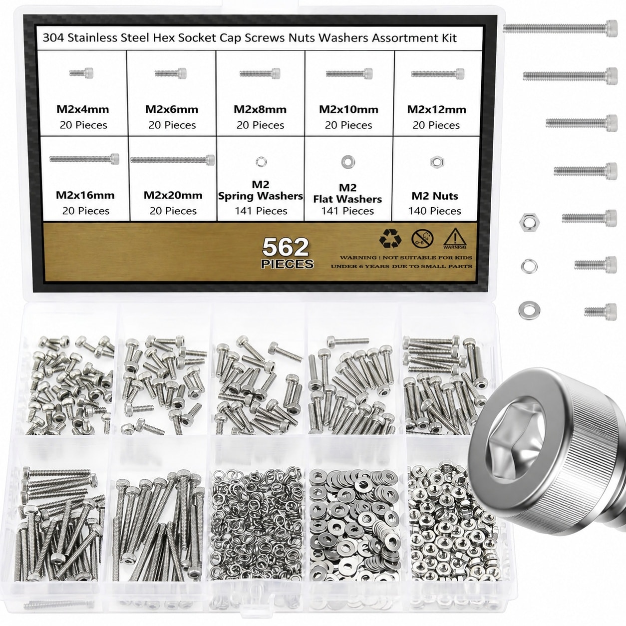 KHKFY 562 Pieces M2 by 4 by 6 by 8 by 10 by 12 by 16 by 20mm Hex Socket Head Cap Screws Nuts Washers Assortment Kit 304 Stainless Steel Fully #LKH0817H174