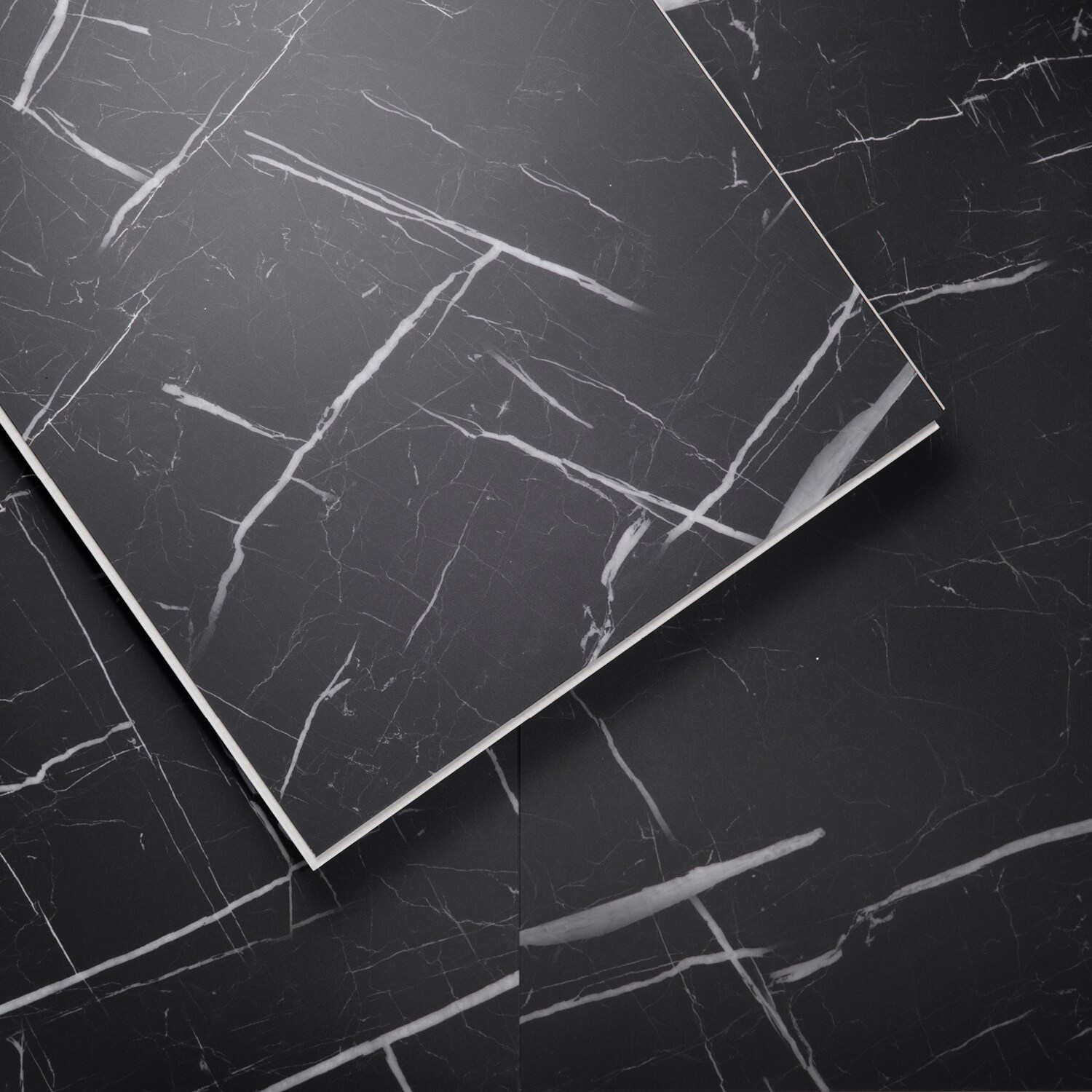 Lucida USA MT-606 Nero Marquina Black Marble look 22-mil x 12-in W x 24-in L Waterproof and Water Resistant Interlocking Luxury Vinyl Tile Flooring ( 16-sq ft Carton )