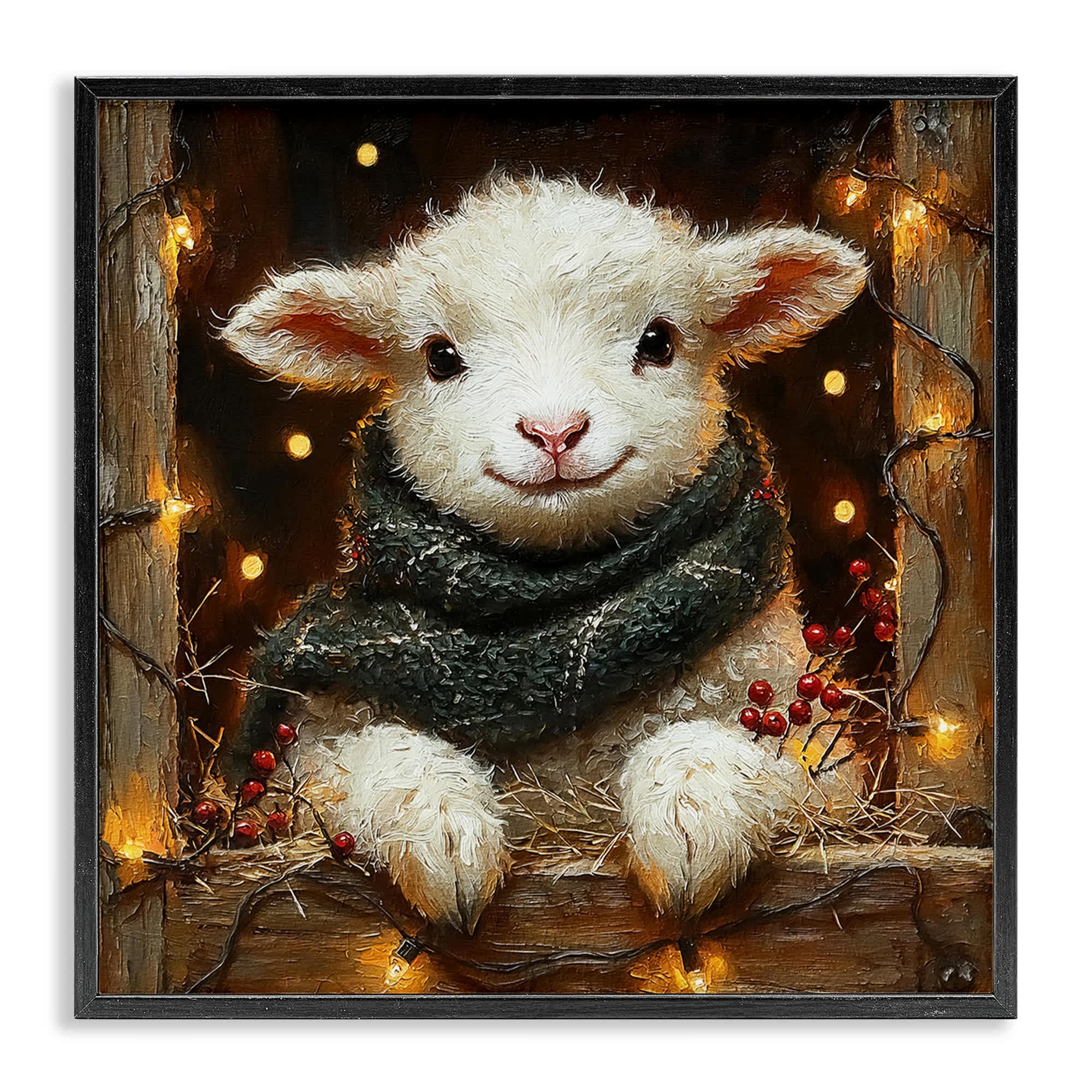 Stupell Industries BT-930-FR-12X12 Festive Lamb with Holiday Lights Black Framed Giclee Art By Riley B 12 x 12