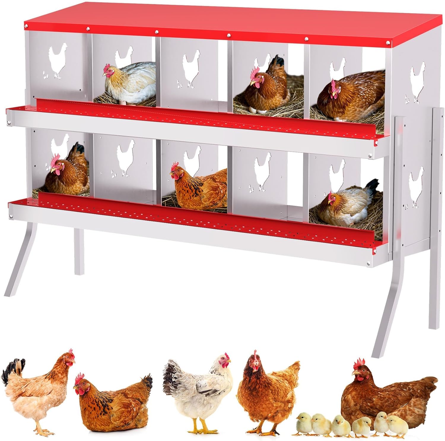 Qeetex WLS-PHO-348SF9XM Nesting Boxes for Chickens 10 Compartment Chicken Nesting Box Metal Chicken Laying Boxes with Perch Secure Lid Versatile Wall Mount