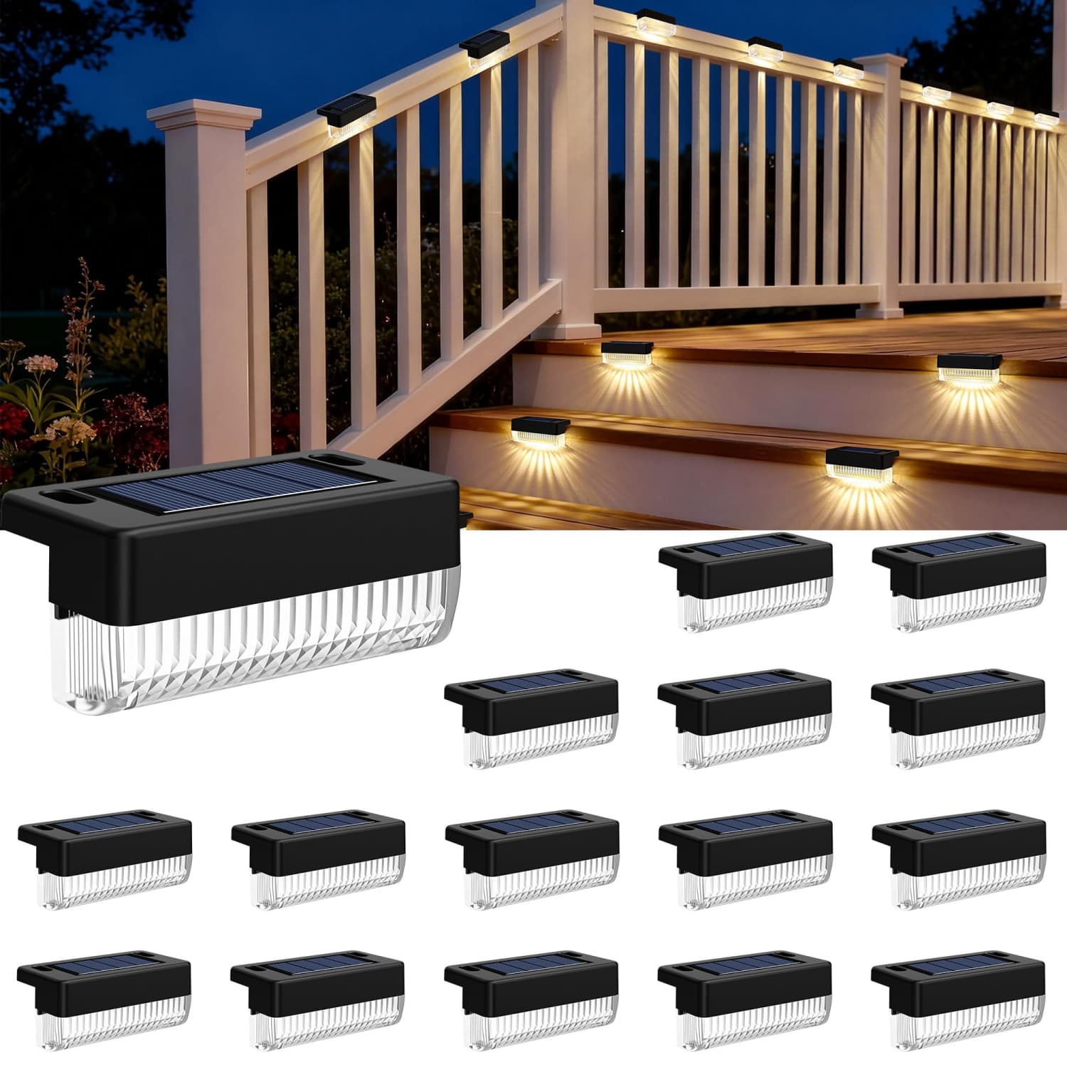 Angel Sar 16 Pack Solar Step Lights Waterproof Warm White LED Deck Lighting for Stairs Fence Wall Patio Pool Pathway