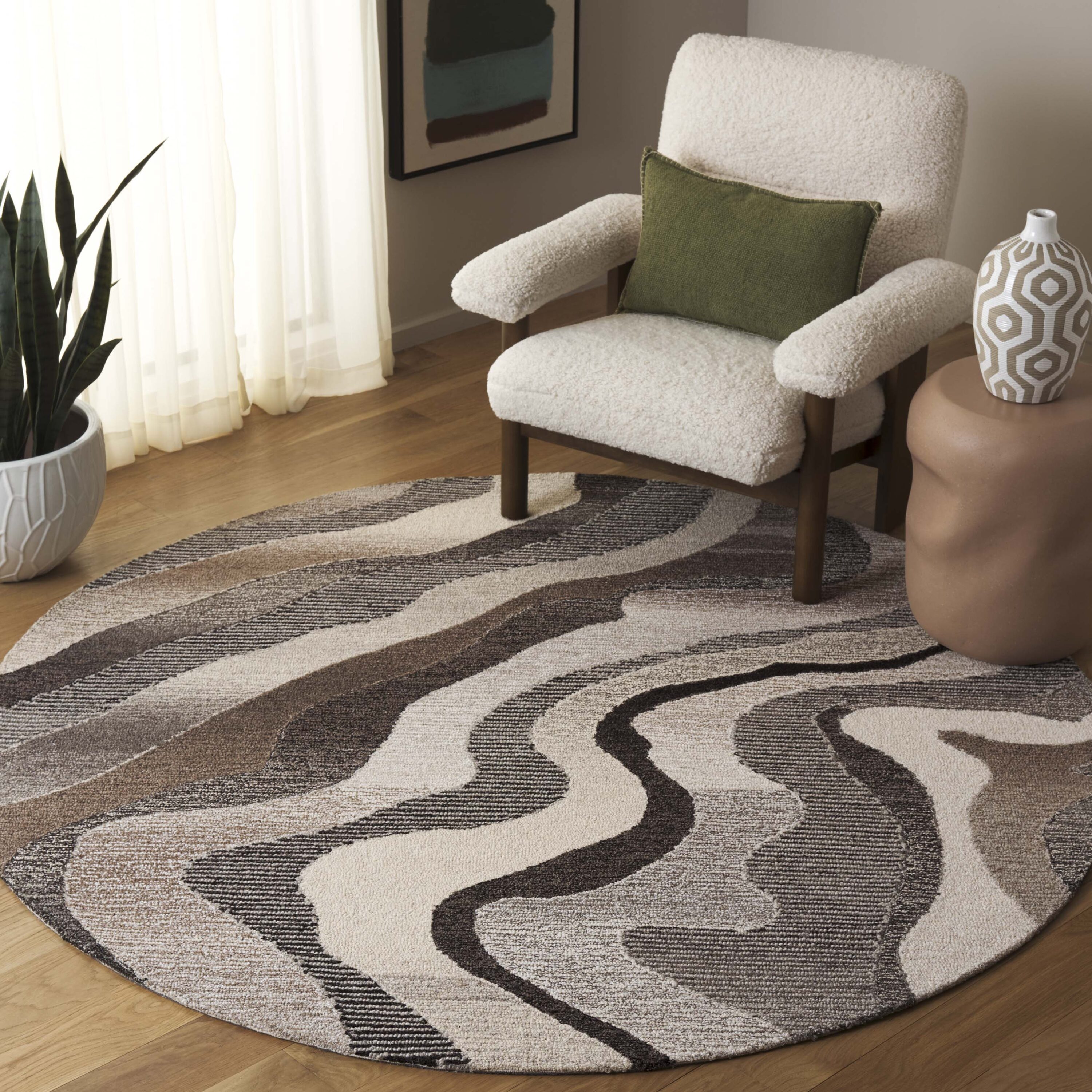  Ebony 529 Gray/Ivory Contemporary 6ft x 6ft Round Rug