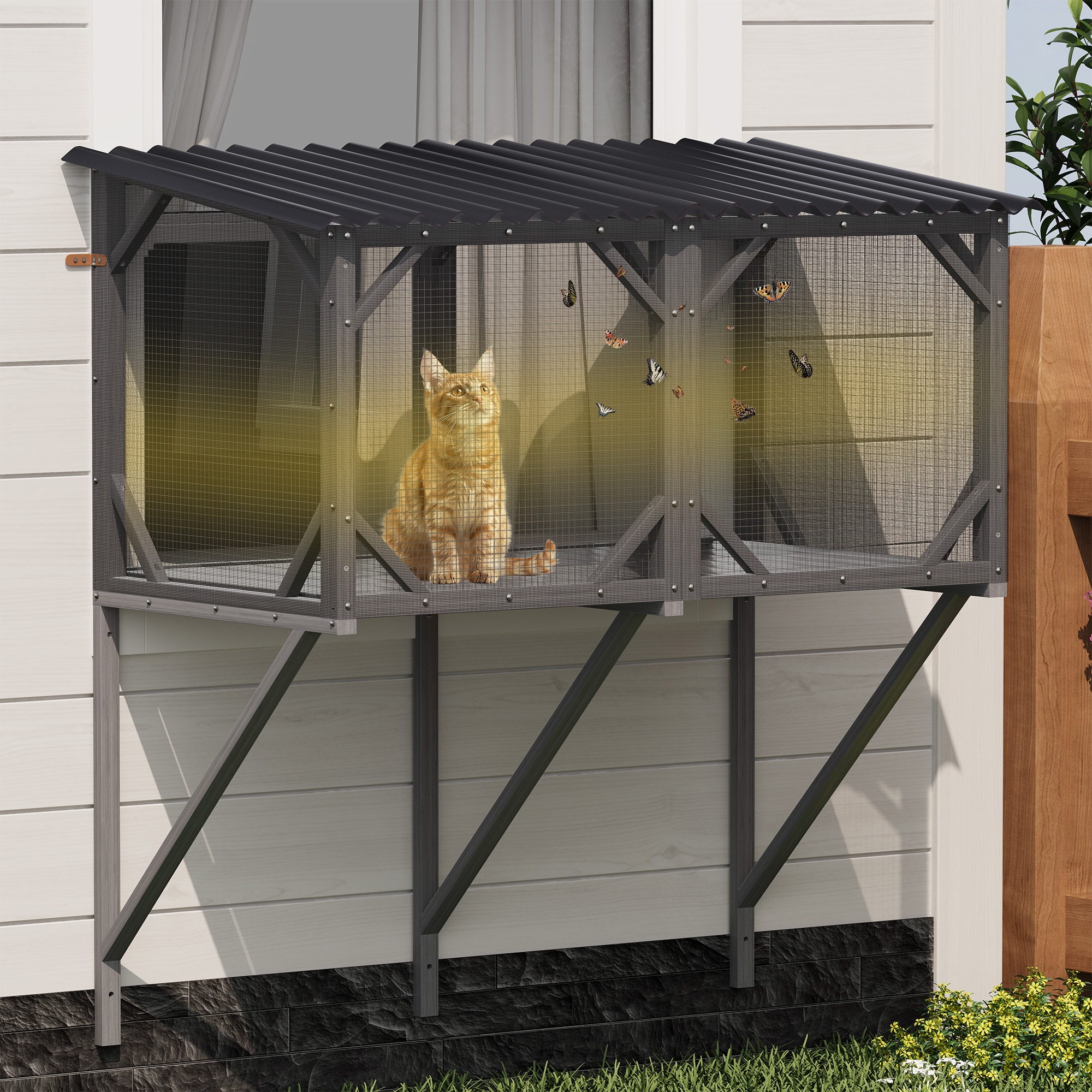 LOVMOR SF-R-W2831P313981 Cat Window Box 43.3 inch Catio Outdoor Cat Enclosure with Bug Proof Net