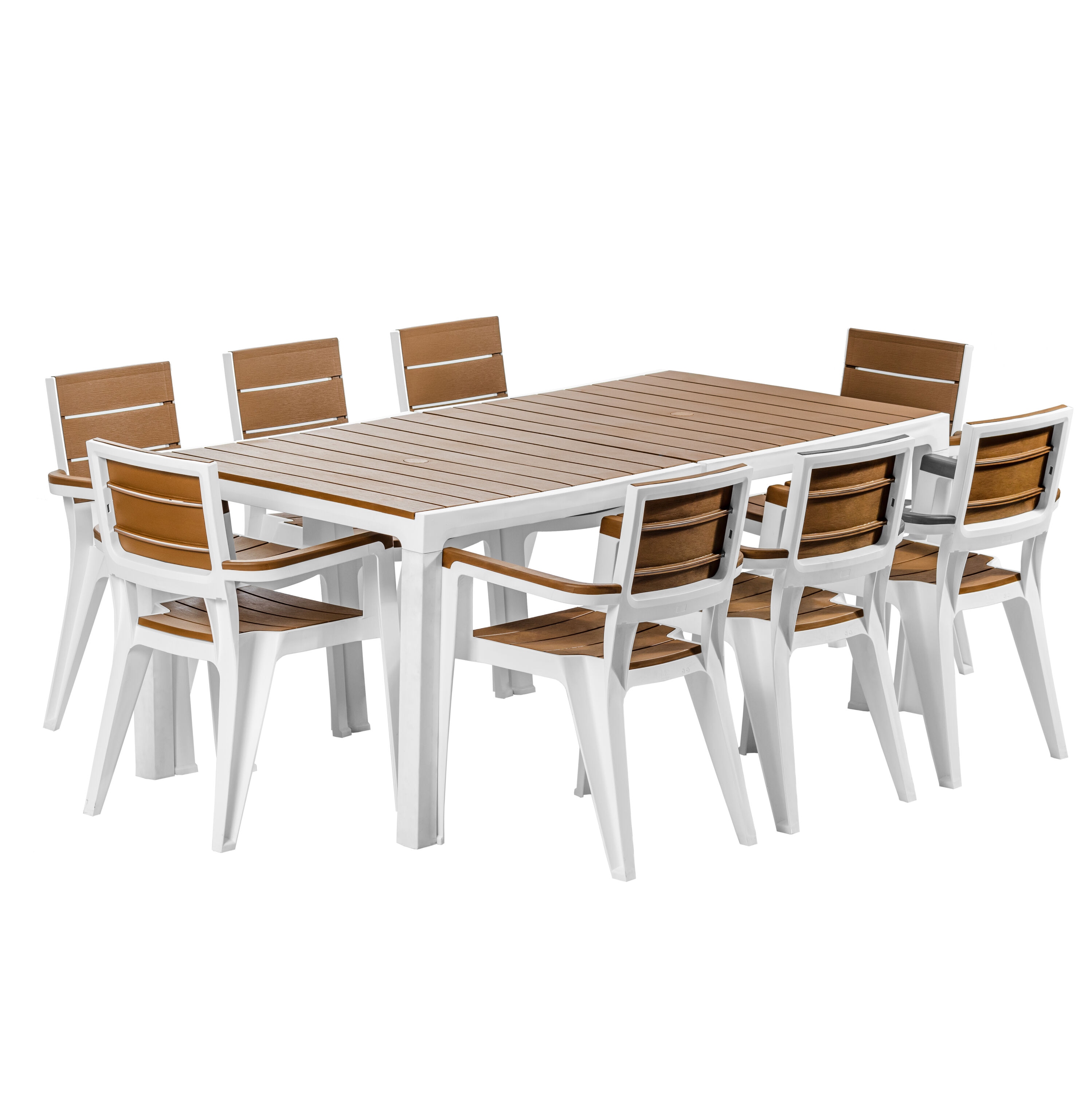 9 -Piece White Patio Dining Set Resin Rectangle Table with 8 Stackable Stationary Chairs
