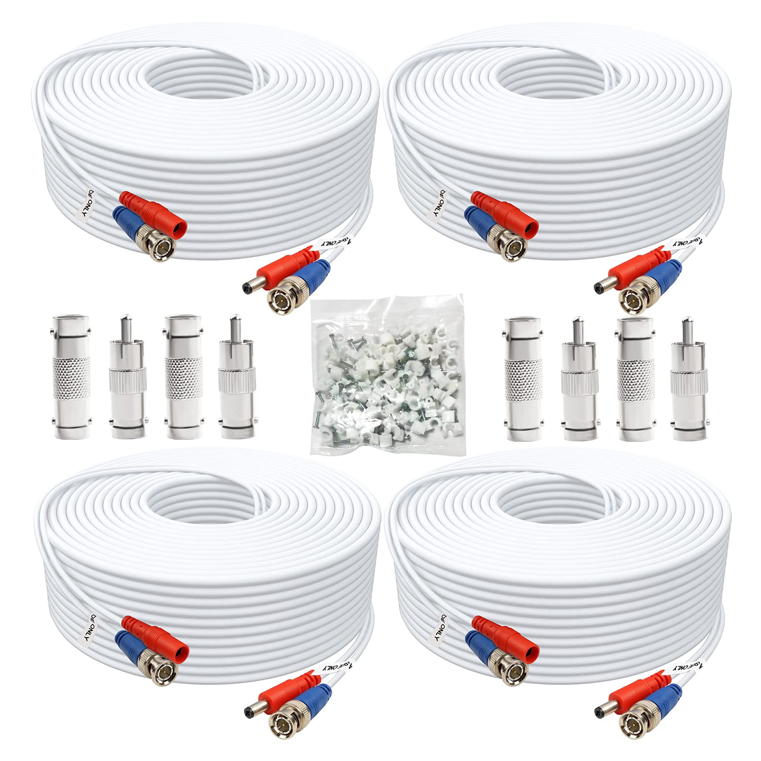 AOIZGMY  BNC Video Power Cable 25ft 4 Pack Security Camera Cable for CCTV DVR Systems Includes BNC Adapters and Cable Clips White