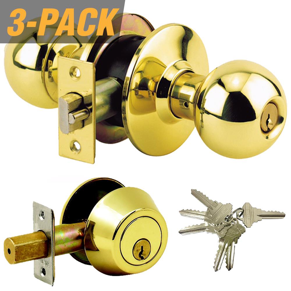 Premier Lock Keyed Alike Entry Door Brass Exterior Single-cylinder deadbolt  Keyed Entry Door Knob Combo Pack (3-Pack) in the Door Knobs department at
