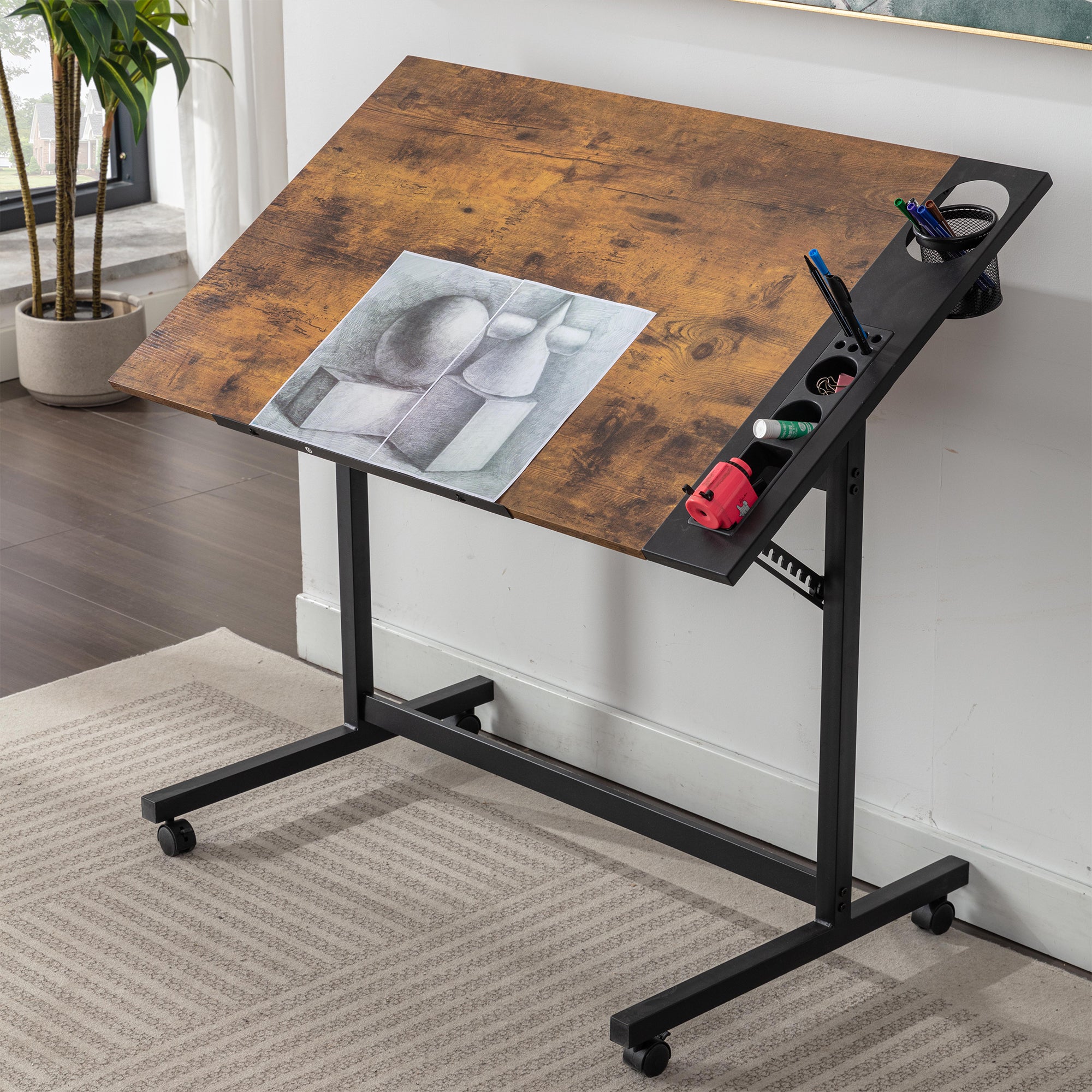 Vecelo LOE-DT03-BRN Vintage Drawing Drafting Table Adjustable Tilting Top Art Desk Craft Work Station with Pencil Ledge Lockable Slide Rolling Wheels for Painting Diamond Reading Writing Study