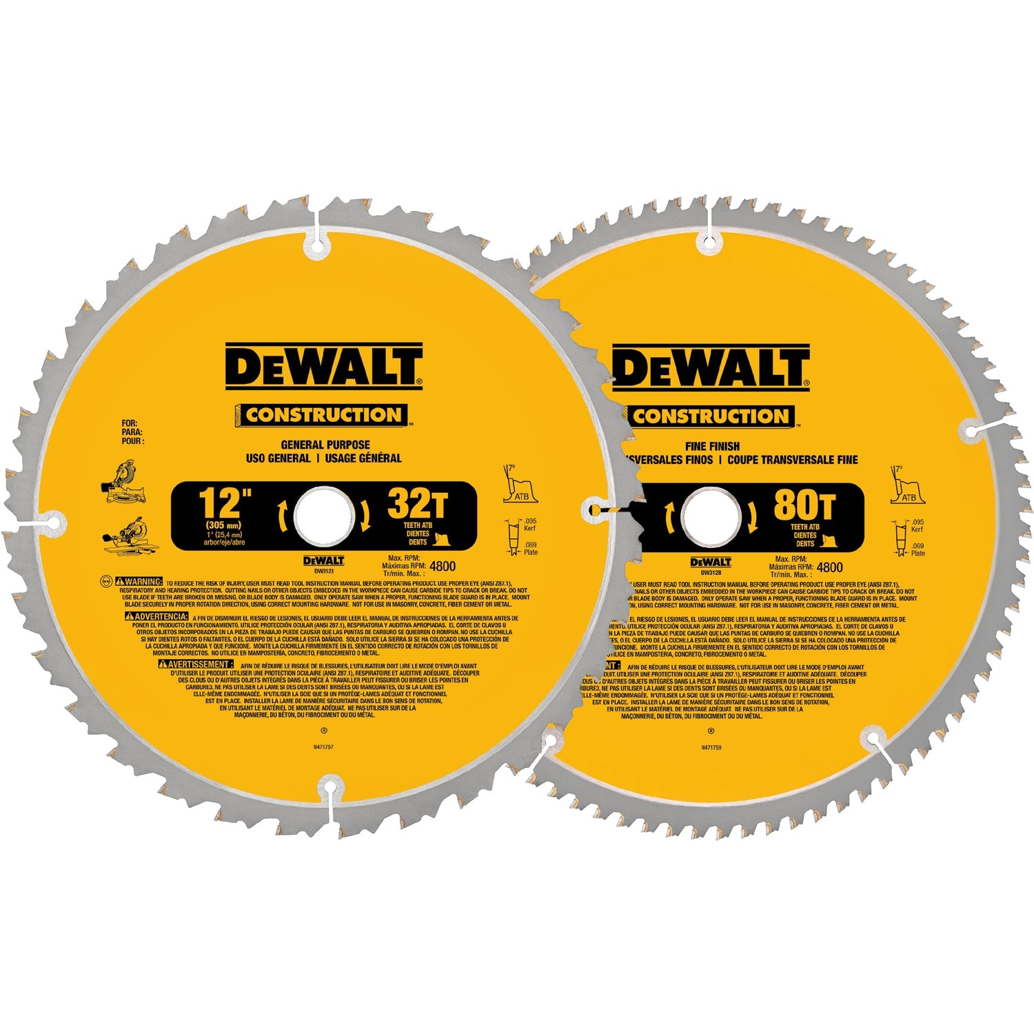 DEWALT 12-in 32 and 80-Tooth Fine Finish Carbide Miter/Table Saw Blade Set  (2-Pack) in the Circular Saw Blades department at