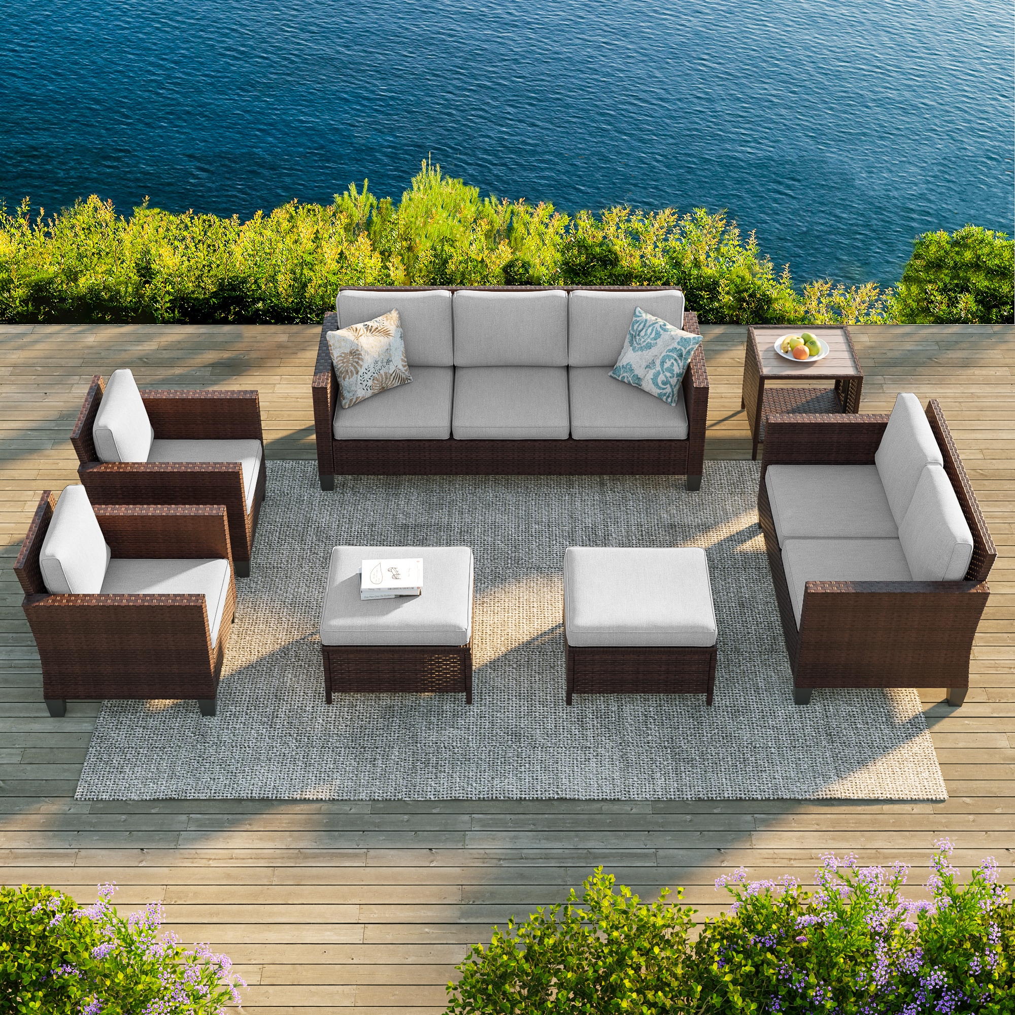 Sonkuki SD-PS-115BLY-S3T3 Patio Conversation Set 7 -Piece Wicker Patio Sofa Conversation Set with Gray Cushions