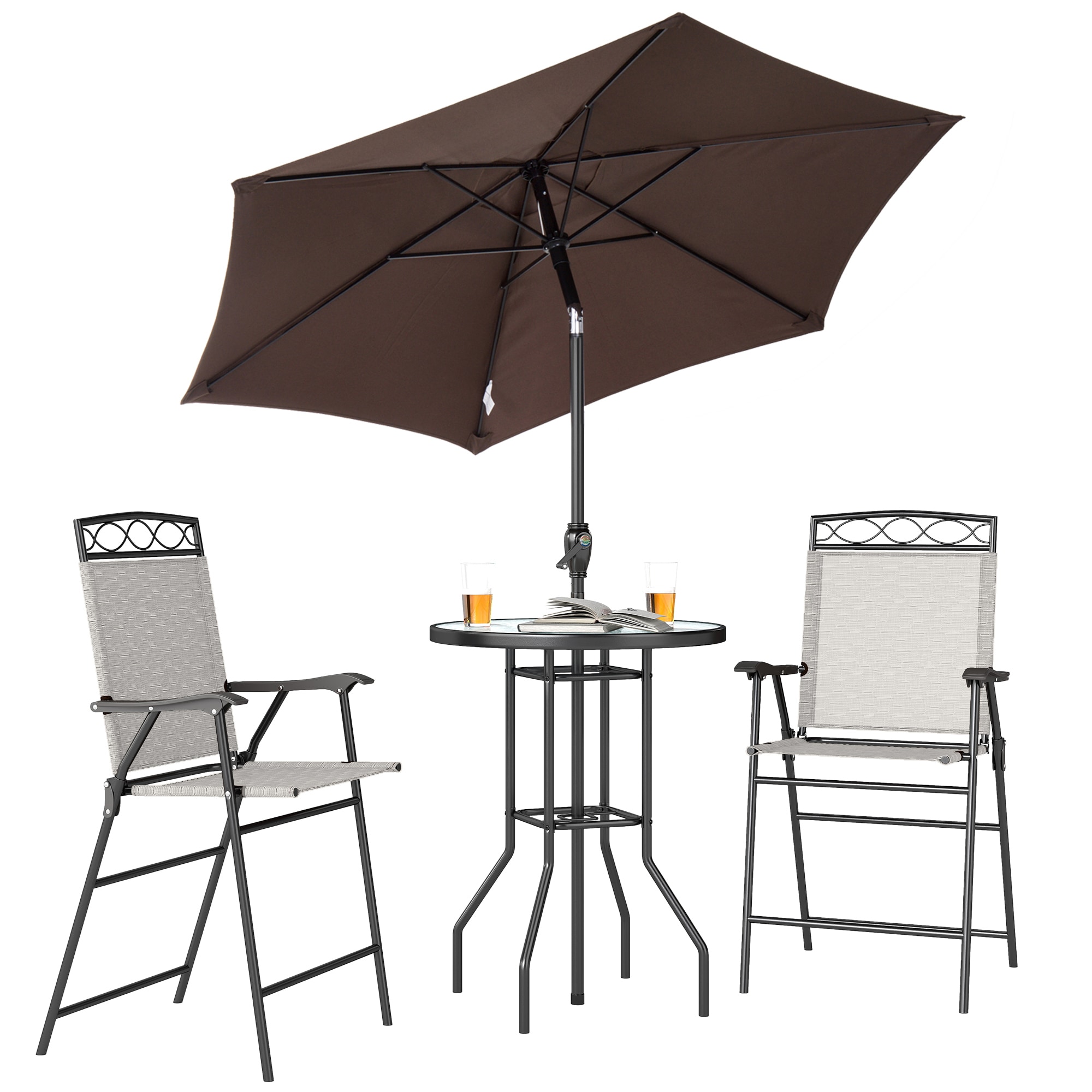 Outsunny 84B-226BG 4 Piece Patio Bar Set for 2 with 6' Adjustable Tilt Umbrella Outdoor Bistro Set with Folding Chairs  Glass Round Dining Table Beige