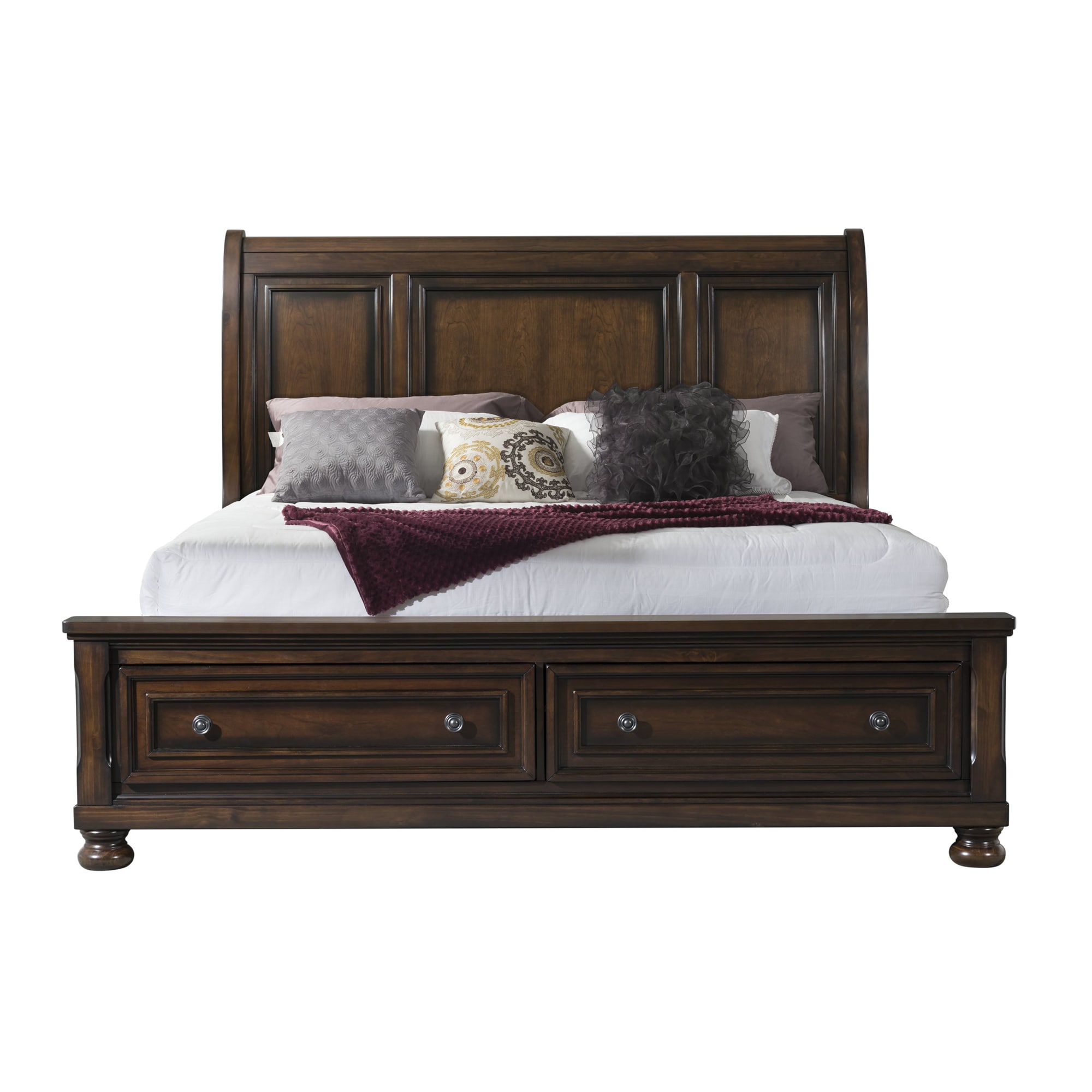 King Cherry Walnut Wood Storage Bed with Headboard and Drawers