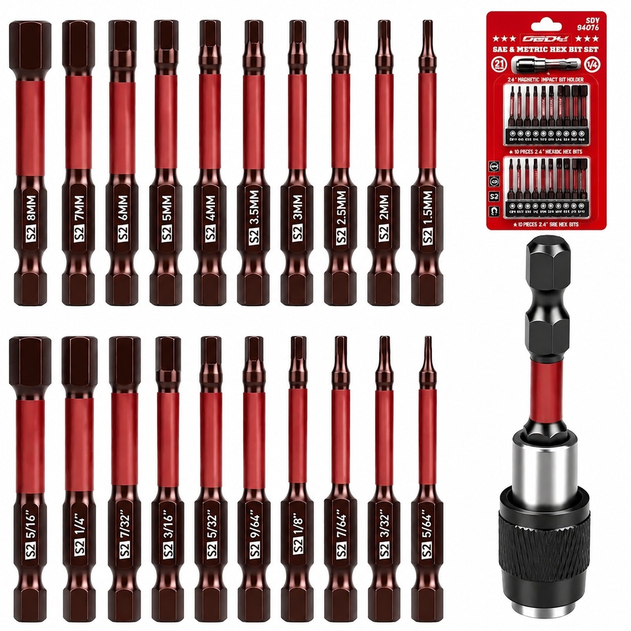 Etokfoks S2 Steel 21 Piece Hex Head Allen Wrench Drill Bit Set with Magnetic Impact Bit Holder #LETQAYIXR