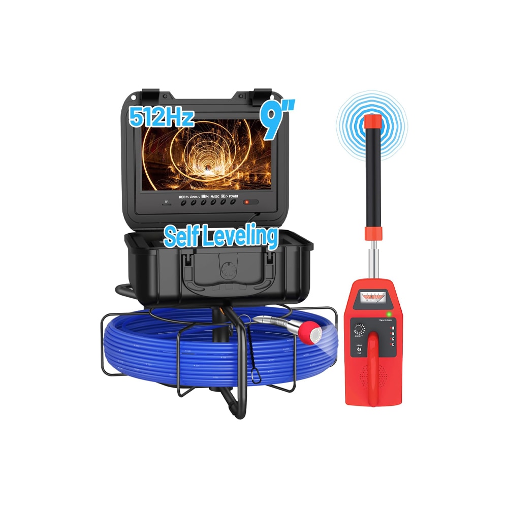 HBUDS 150-ft Commercial Sewer Line Camera with 512Hz Sonde Locator 9-in HD Monitor Self-Leveling Lateral Pipe Inspection System (32GB Card)